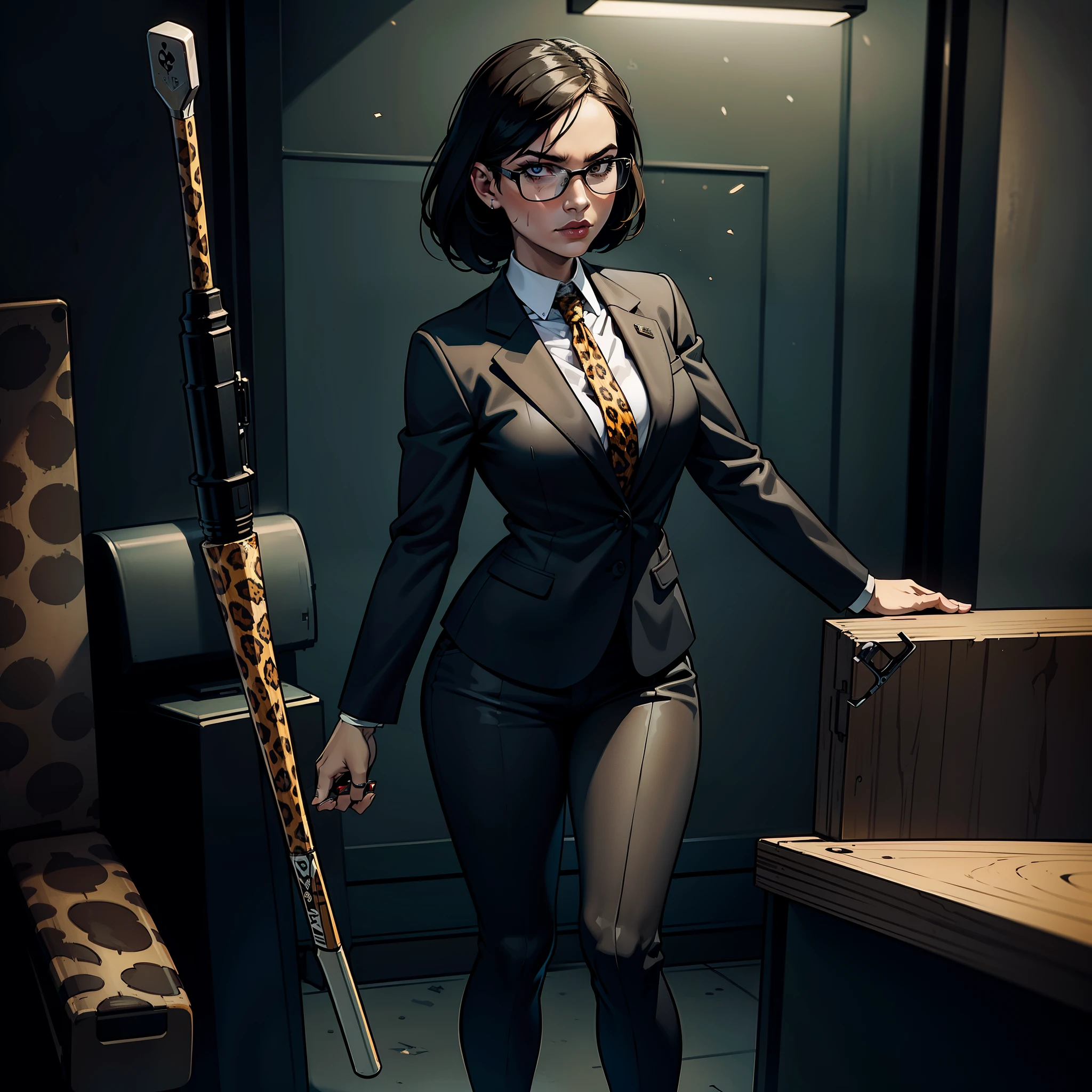 (masterpiece), (best quality), (ultra-detail), (masterpiece), (best quality), dark lighting, female, solo focused, gangster, athletic, smoking, scars on face, beautiful, young, menacing, wearing a black suit, full body, carrying weapons, holding a baseball bat, standing, looking at viewer, leopard-print coat, dark-rimmed sunglasses, sitting in an office