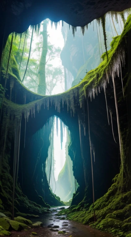 At the edge of a lush forest, a (mysterious cave entrance:1.3) beckons with an air of ancient secrets. The (narrow opening:1.2) reveals a dark abyss within, adorned with (stalactites and stalagmites:1.4) that glisten like jewels. A soft, ethereal glow emanates from the depths, casting subtle shadows and adding to the intrigue.
The entrance is surrounded by vibrant flora, and a few rays of sunlight filter through the leaves, highlighting the entrance. Moss-covered rocks frame the (natural archway:1.2), adding a touch of natural beauty to this enchanting scene. The scene is rich with possibilities for exploration and discovery.