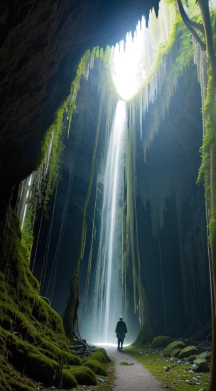 At the edge of a lush forest, a (mysterious cave entrance:1.3) beckons with an air of ancient secrets. The (narrow opening:1.2) reveals a dark abyss within, adorned with (stalactites and stalagmites:1.4) that glisten like jewels. A soft, ethereal glow emanates from the depths, casting subtle shadows and adding to the intrigue.

The entrance is surrounded by vibrant flora, and a few rays of sunlight filter through the leaves, highlighting the entrance. Moss-covered rocks frame the (natural archway:1.2), adding a touch of natural beauty to this enchanting scene. The scene is rich with possibilities for exploration and discovery.

