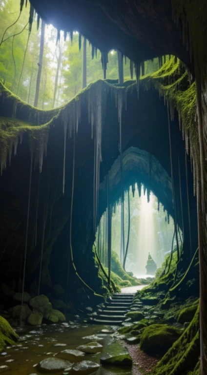 At the edge of a lush forest, a (mysterious cave entrance:1.3) beckons with an air of ancient secrets. The (narrow opening:1.2) reveals a dark abyss within, adorned with (stalactites and stalagmites:1.4) that glisten like jewels. A soft, ethereal glow emanates from the depths, casting subtle shadows and adding to the intrigue.

The entrance is surrounded by vibrant flora, and a few rays of sunlight filter through the leaves, highlighting the entrance. Moss-covered rocks frame the (natural archway:1.2), adding a touch of natural beauty to this enchanting scene. The scene is rich with possibilities for exploration and discovery.


