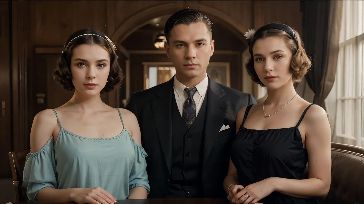High resolution image, aspect ratio 16:9, corona render, people from the 1920s, depicted in 1920s clothing, people from the 40s, depicted in period clothing, 1. Silent Generation (or Traditionalists), Birth period: mid from the 1920s to the mid-1940s.
