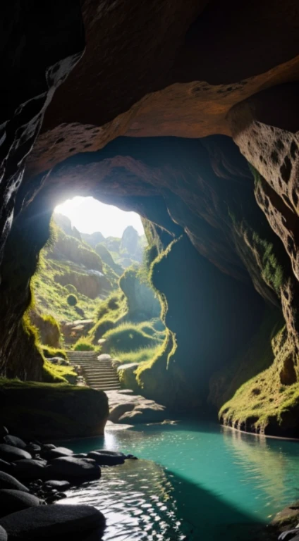Nestled within a rugged mountainside, a (concealed cave opening:1.3) unveils itself as a hidden sanctuary. The entrance, partially obscured by overhanging vines, leads to a (narrow passage:1.2) with (intricate rock formations:1.4) that captivate with their natural beauty. Soft sunlight pierces through gaps, casting warm hues on the cave floor.

The surroundings echo with the faint sound of dripping water, hinting at an underground stream. The cave entrance is surrounded by wildflowers and the distant calls of birds, creating an atmosphere of serenity and mystery.