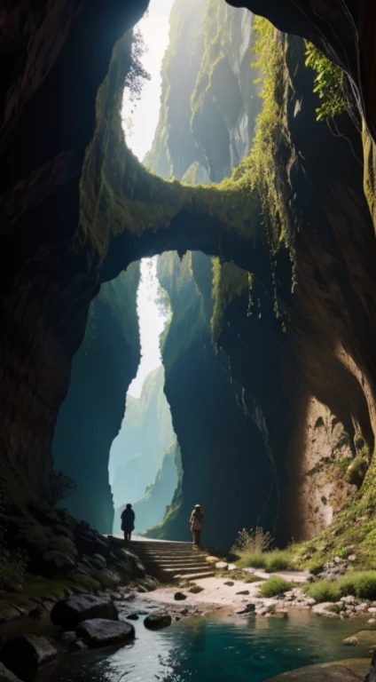 Nestled within a rugged mountainside, a (concealed cave opening:1.3) unveils itself as a hidden sanctuary. The entrance, partially obscured by overhanging vines, leads to a (narrow passage:1.2) with (intricate rock formations:1.4) that captivate with their natural beauty. Soft sunlight pierces through gaps, casting warm hues on the cave floor.

The surroundings echo with the faint sound of dripping water, hinting at an underground stream. The cave entrance is surrounded by wildflowers and the distant calls of birds, creating an atmosphere of serenity and mystery.