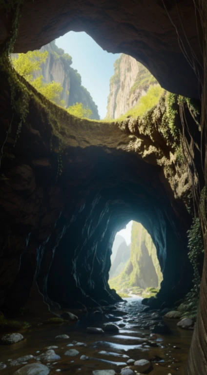 Nestled within a rugged mountainside, a (concealed cave opening:1.3) unveils itself as a hidden sanctuary. The entrance, partially obscured by overhanging vines, leads to a (narrow passage:1.2) with (intricate rock formations:1.4) that captivate with their natural beauty. Soft sunlight pierces through gaps, casting warm hues on the cave floor.
The surroundings echo with the faint sound of dripping water, hinting at an underground stream. The cave entrance is surrounded by wildflowers and the distant calls of birds, creating an atmosphere of serenity and mystery.