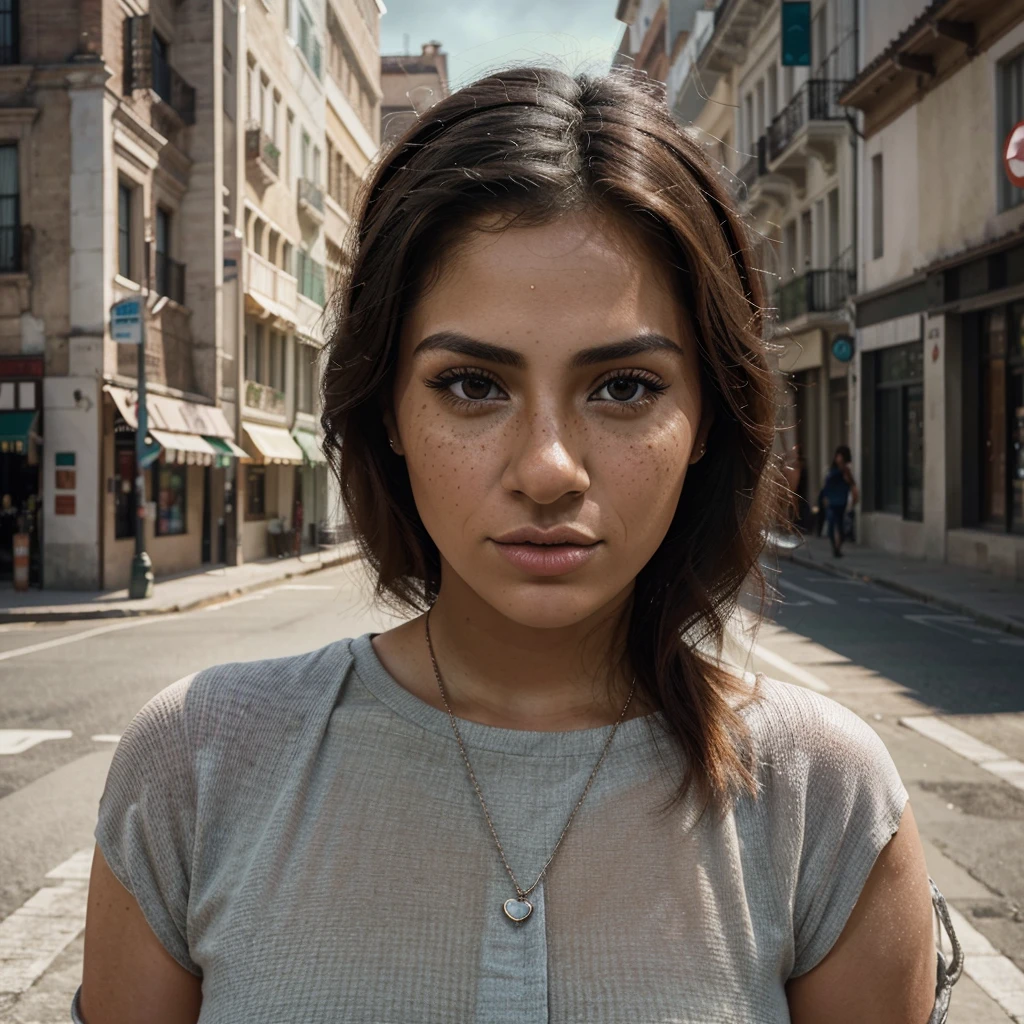 reate a digital artwork of a 28-year-old Latina with hyper-realistic features, very few freckles and an Instagram-inspired atmosphere (mood: 1.8), capturing the essence of an Instagram influencer's aesthetic, super realistic texture face , ultra realistic, meticulously detailed, eyes, without makeup, natural make up, looking directly at the camera, face with artgram, subtle makeup , medium to large size bust, in the city