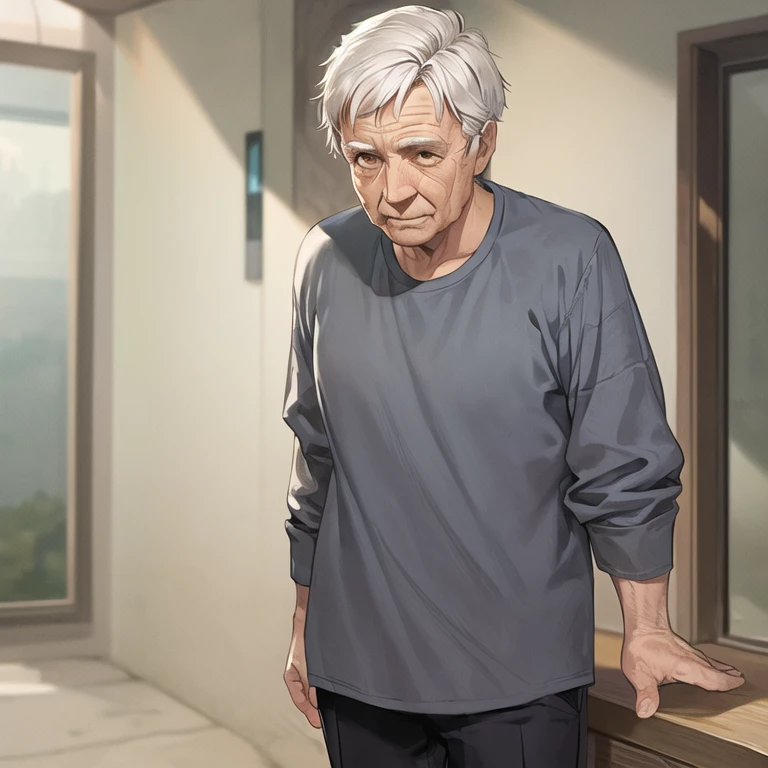 masterpiece, best quality, 1boy, solo, old man, old, wrinkled skin, straight hair, very short hair, shirt, long sleeves, pants