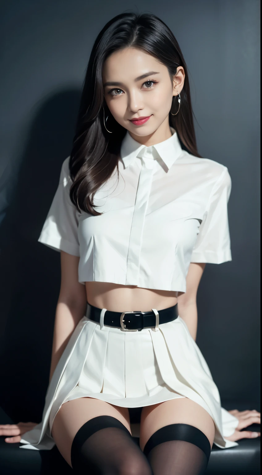 1 girl、green eyes, glossy lips ,Team Rocket,Team Rocket uniform, red letter R, white skirt,spread legs、show white panties,white crop top,black thigh high boots, black elbow gloves , looking at the viewer, evil smile, 腕を組むgreen eyes, glossy lips ,Team Rocket,Team Rocket uniform, red letter R, white skirt,spread legs、show white panties,white crop top,black thigh high boots, black elbow gloves , looking at the viewer, evil smile, Vintage color with folded arms、Instagram(Photoreal、High resolution:1.4)、(slender woman)((puffy eyes))、look at the viewer、、Full body Esbian(8K、Raw photo、highest quality、masterpiece:1.2)、(realistic、Photoreal) :1.37)、(sharp focus:1.2)、professional writing、photon mapping、radio city、Physically based rendering、(white skin:1.2)、(medium breasts:1.2)、Viewer's perspective、(middle hair:1.5)、Portrait、brown eyes、(silver hair:1.1)、bangs、(simple background:1.4)、realistic、(masterpiece:1.4)、(highest quality:1.4)、(glowing skin)、((Short sleeve shirt with collar、Knee-length pleated skirt、black stockings))compensate、laughter(skinny、close your mouth、full of embarrassment:1.3)