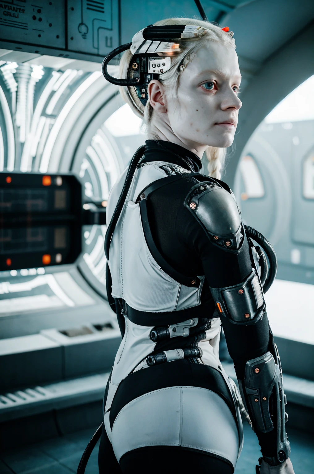 borg woman casey, [(cable:1.6):(cable:1.4):4], 

[(pale white:.1) (Natural:1) (skin:1.3)::8]
[[(Natural:1.1) (pale white:.9) (skin:1.3):8]::16]
[(Natural:1) (pale white:1.3) (skin:1.3):16]
 [(with:.01) (beauty_marks:.01):6], 

[bald:(long light blonde hair:1.2):8], [(blue eye:1):4], [albino Nordic:8],
Back view, 
(Head shot:1.4), sexy (cyborg:.6) (cybernetic:.3) (implants:.2), (cyborg:.9) (cybernetic:1.2) (bikini:1), 

young,   front light, well lit, outdoors, arctic ice tundra, [in nature, outdoors space station base:6], sunny, fit, [led lights, laser lights:4], detailed skin,  photograph, detailed, high resolution, RAW photo, in frame, 

[BREAK:8] 
[(many beauty_marks and:.01) (many light moles on her skin:1):8], 

[BREAK (light brown moles:.1):12]