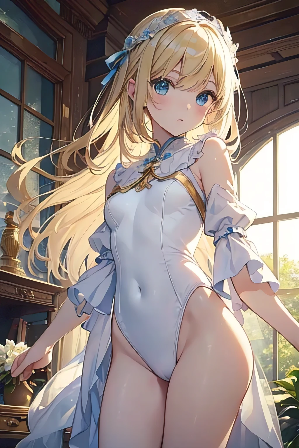 highest quality、very delicate and beautiful、I、I、Early s girl、change、Englishman、((white leotard))、(High leg)、blonde hair、With blue-green eyes、clear parts々And a beautiful girl、His facial features are elegant.、royalty、Queen、blonde hair、short hair、Are standing、