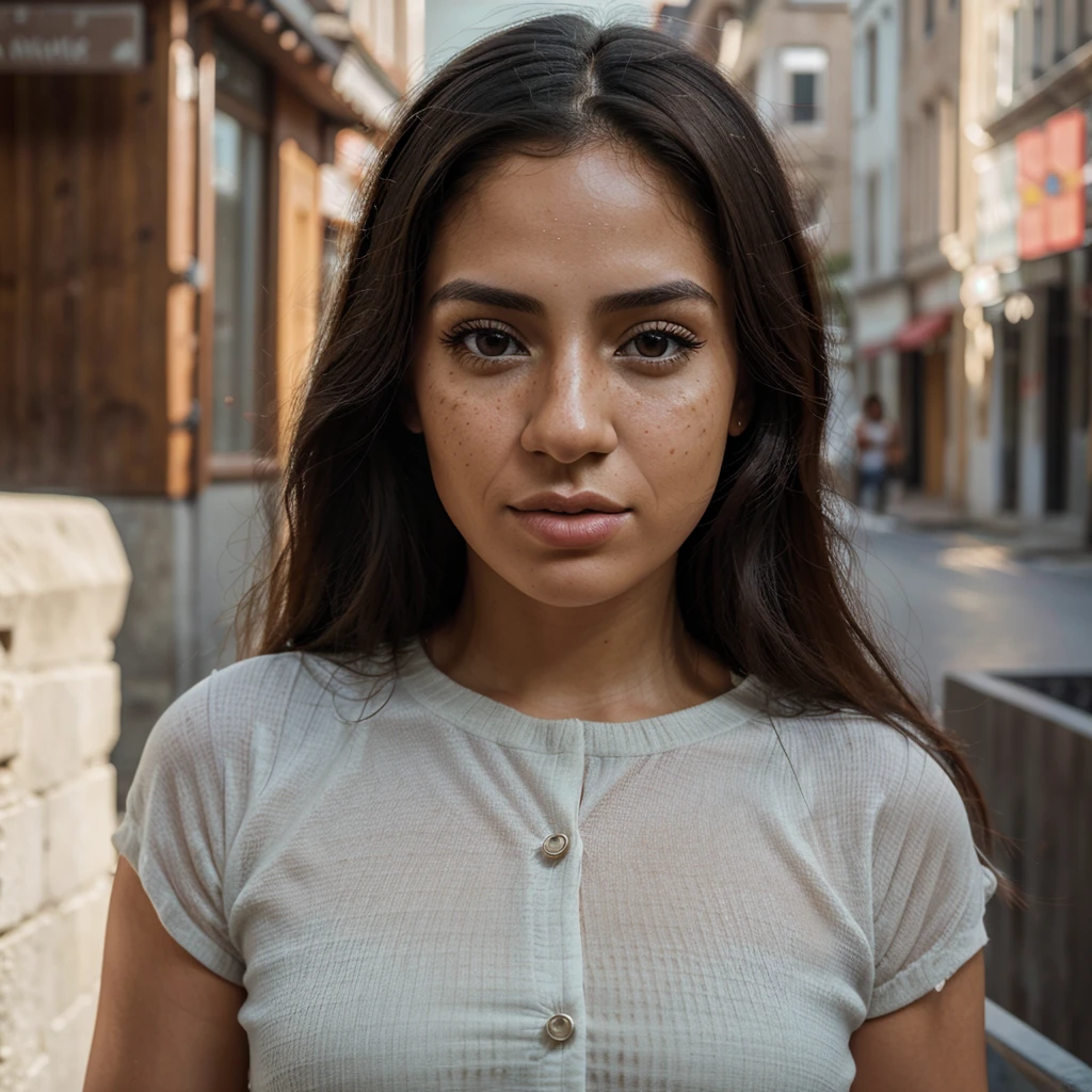 Create a digital artwork of a 28-year-old Latina with hyper-realistic features, very few freckles and an Instagram-inspired atmosphere (mood: 1.8), capturing the essence of an Instagram influencer's aesthetic, super realistic texture face , ultra realistic, meticulously detailed, eyes, without makeup, natural make up, looking directly at the camera, face with artgram, subtle makeup , medium to large size bust, in the city