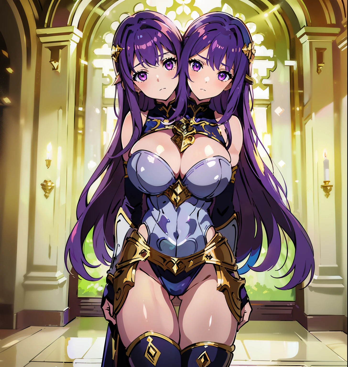 best quality, (masterpiece),(ultra-detailed), (high quality), (high resolution), (2heads:1.5) Gal, purple hair, brown hair, large breasts, thighs, silver paladin armor, female paladin, fully armored, medieval outfit, pink eyes, blue eyes, sword, armored chest piece, gorgeous female paladin, Guild Clothes with Armor