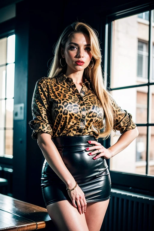 (high quality, 4k, highres, realistic:1.37), ultra-detailed, portrait, vibrant colors, studio lighting, elegant tall woman, blonde hair, straight hair, black and white leopard print blouse, long black skirt, black heels, red lips, plump lips, hoop earrings