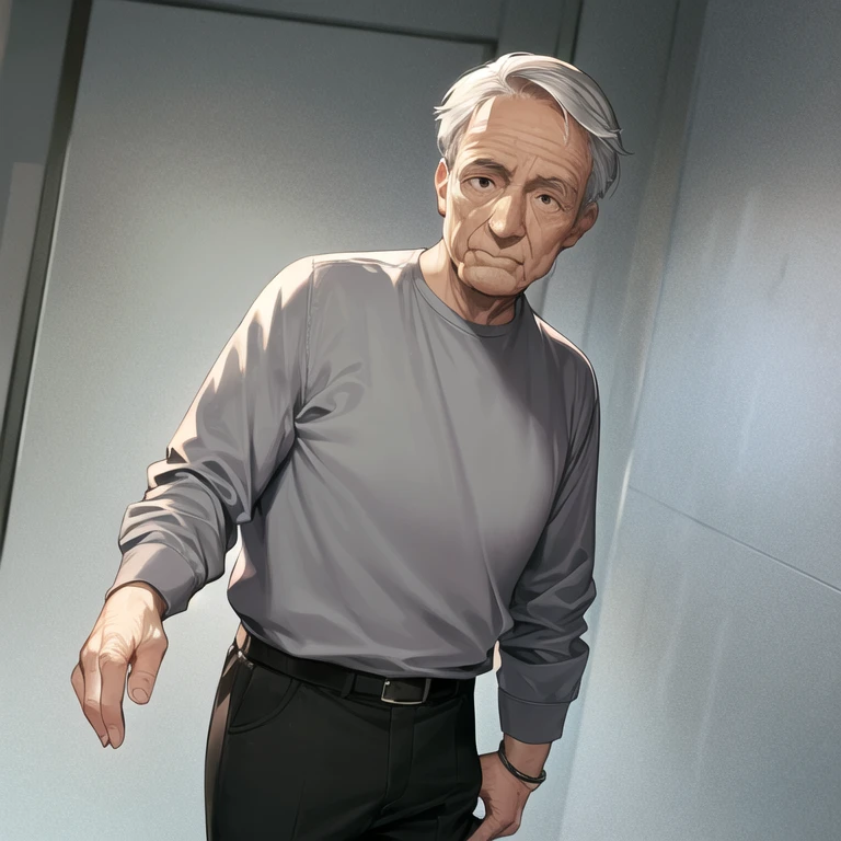 masterpiece, best quality, 1boy, solo, old man, old, wrinkled skin, straight hair, very short hair, grey shirt, long sleeves, black pants