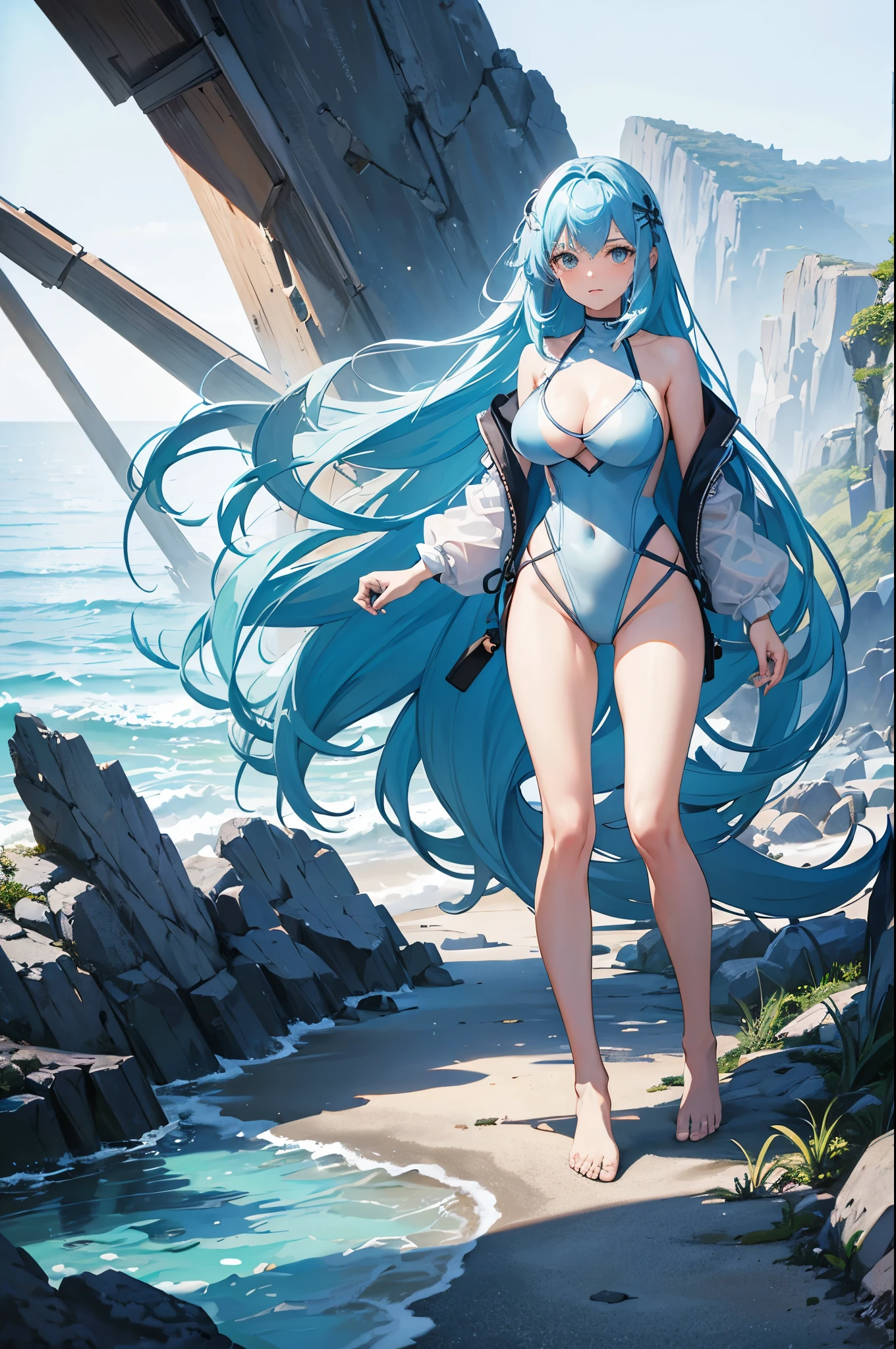 1woman, light blue hair, long hair, swimsuit, beach, standing on ground, high res, ultra sharp, 8K, masterpiece