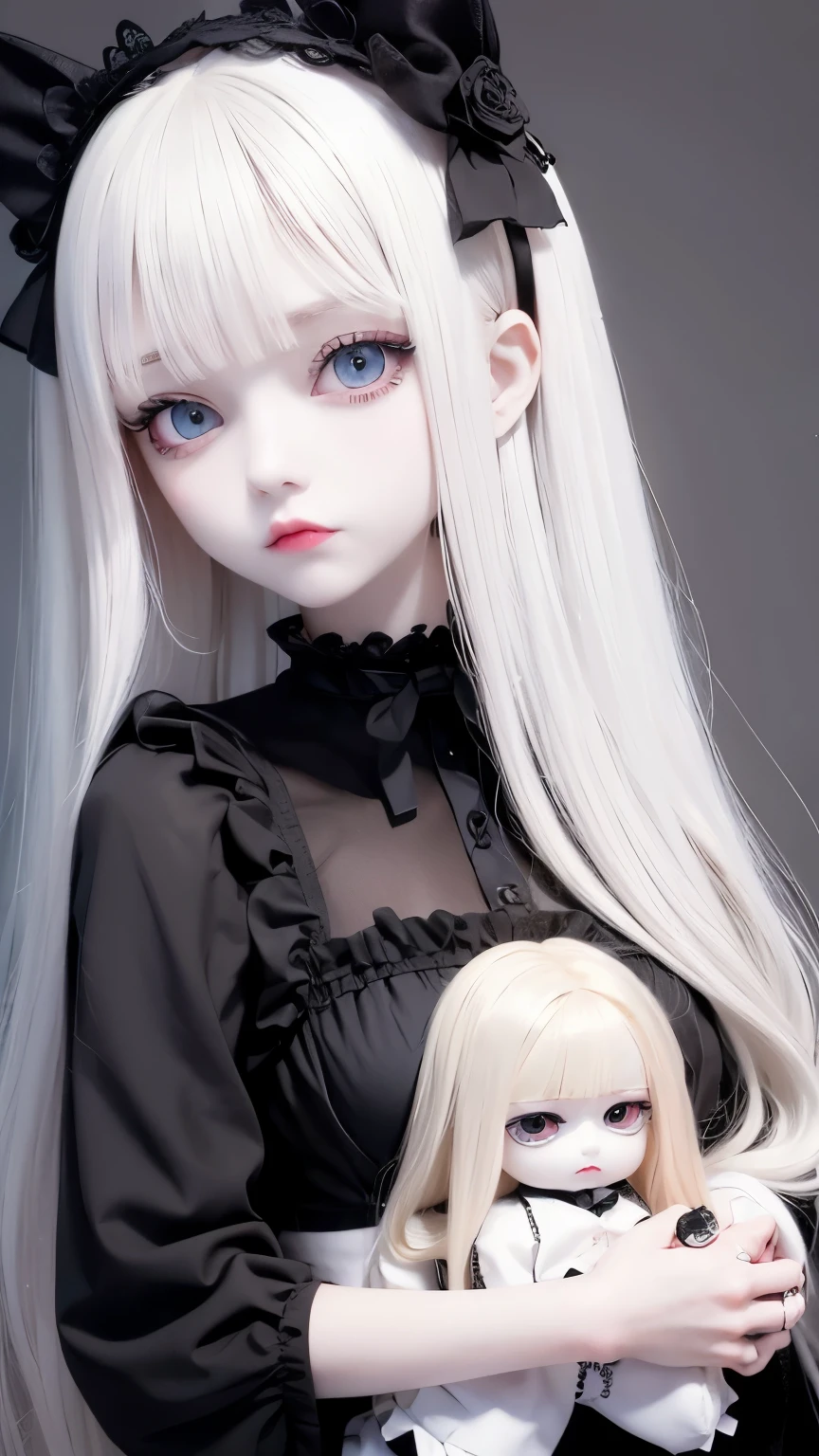 Lori、Bangs that extend to the face、、12 years old、ba face、Cute No、(thin nose)、(bulging eyes)、Blonde doll with long hair and black bow tie, ball jointed doll, pale porcelain white skin, Embarrassingly cute face. dark fantasy, artdoll, pale goth beauty, china doll face, White skin and black eyes, gothic girl face, dollpunk, porcelain pale skin, (( deep black eyes ))