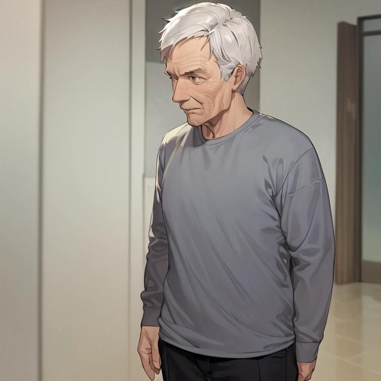 masterpiece, best quality, 1boy, solo, old man, old, wrinkled skin, straight hair, very short hair, grey shirt, long sleeves, black pants