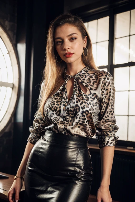 (high quality, 4k, highres, realistic:1.37), ultra-detailed, portrait, vibrant colors, studio lighting, elegant tall woman, blonde hair, straight hair, black and white leopard print blouse, long black skirt, black heels, red lips, plump lips, hoop earrings