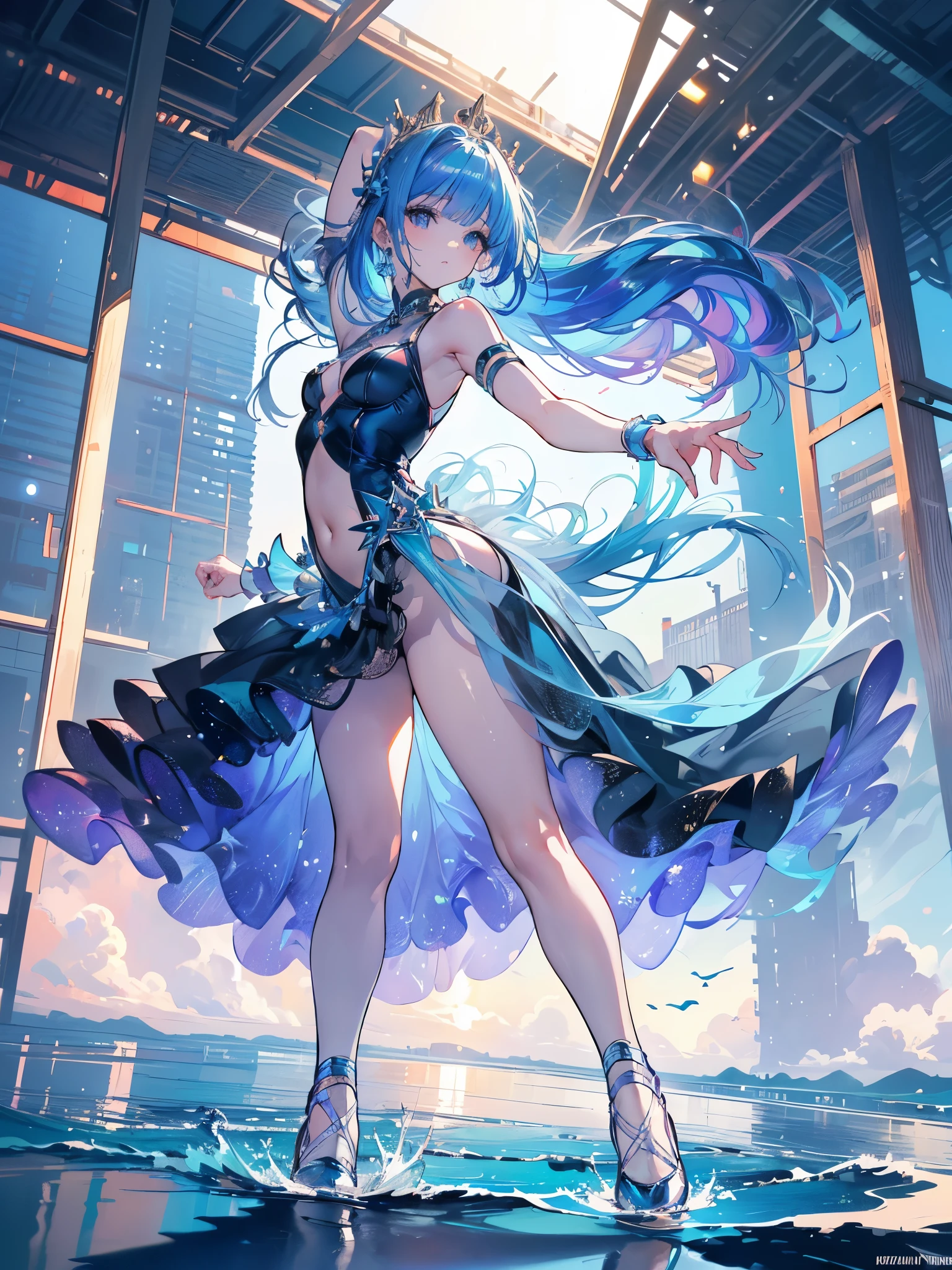 Beautiful ballerina girl, alone, long baby blue hair, moving hair, long ribs, fat lips, small lips, small round breasts, big booty, fat thighs, busty body, roupa de balé, (((dancing ballet on the ocean waters))) , your reflection is reflected in the water, {extremely detailed 16k CG unit wallpaper}, expansive landscape photography, (a view from below with focus on the character and setting), (wide view of open field), (photo low angle), (high light: 1.6), (low light: 1.2), (warm light source: 1.5), complex details, (iridescent colors: 1.4), (bright lighting), (atmospheric lighting), Dreamy, unique, perfect reflections