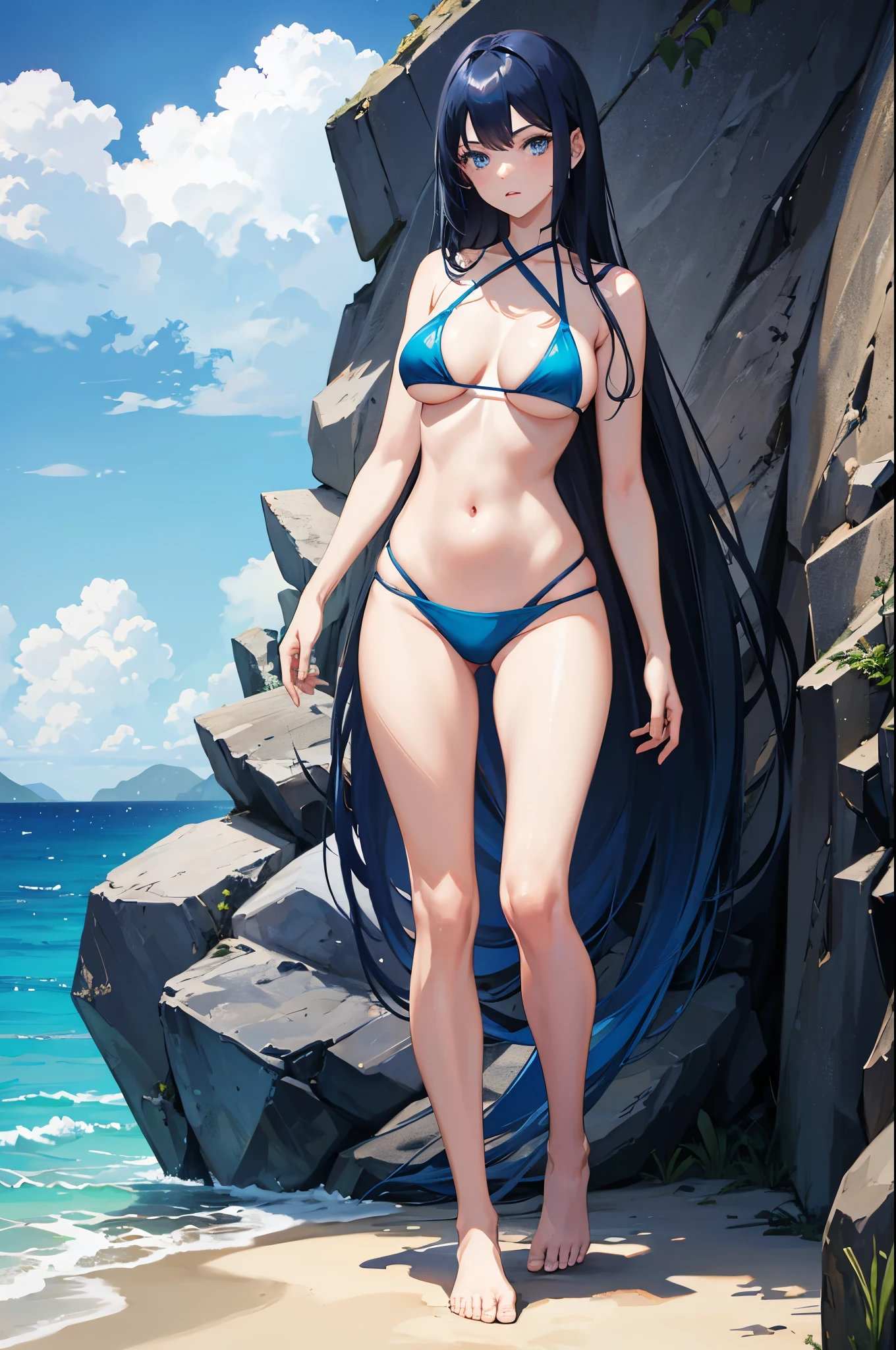 1woman, dark blue hair, long hair, blue eyes, bikini, beach, standing on ground, high res, ultra sharp, 8K, masterpiece