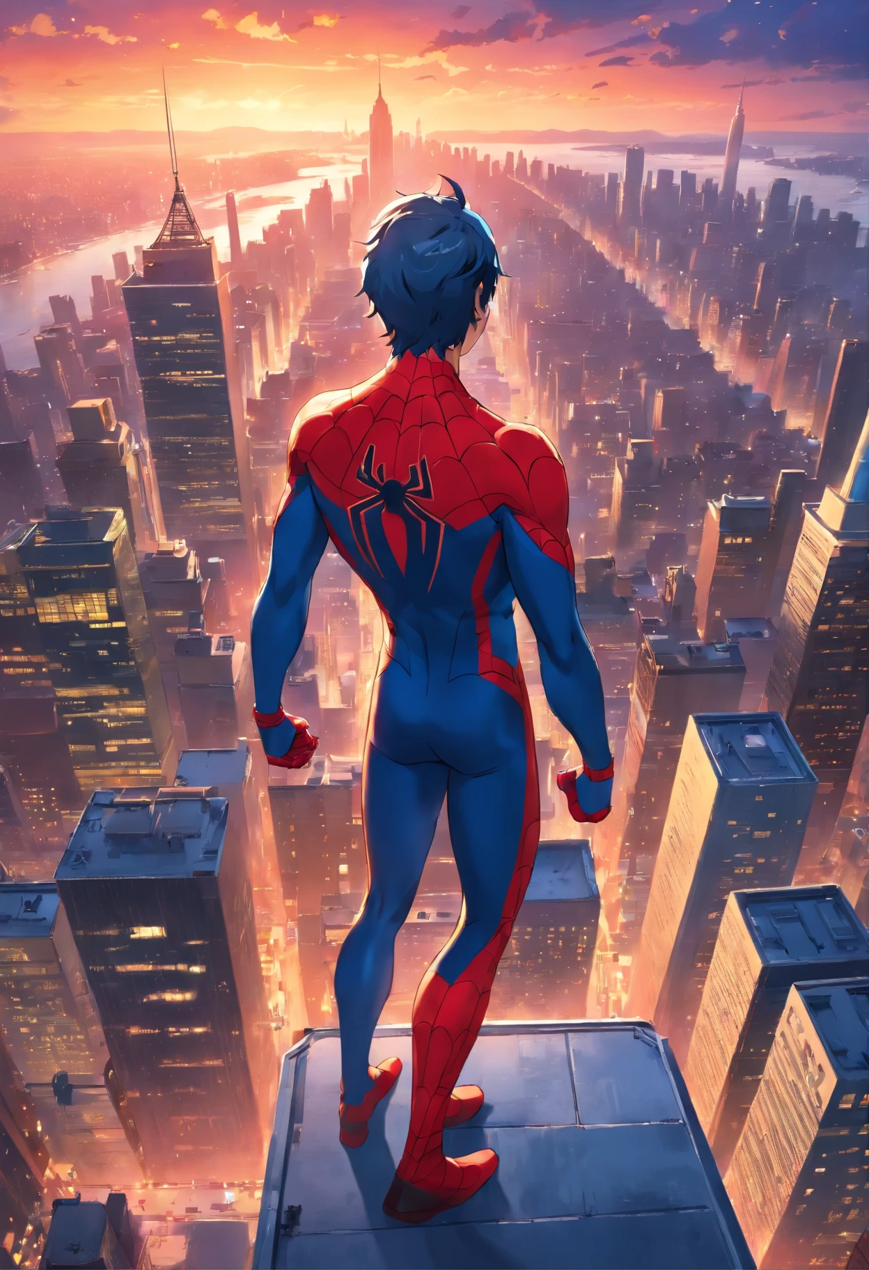 (best quality,4K,8 thousand,mackerel,masterpiece:1.2),very detailed,(realistic,photorealistic,photo-realistic:1.37),Spider-Man,Spider-Man,superhero,marvel character,New york city,skyscraper,high-rise building,cityscape,crowded street,central park,Beautiful skyline,new york skyline,twinkling lights,night view,glinting stars,crimson sunset,dark clouds,urban landscape,I am,Web sitelinger,Red and Blue Costume,masked,Web site,jitterbug,full of action,tense atmosphere,intense gaze,Muscular physique,heroic pose,Adrenaline rushes,amazing power,towering height,excitement,adventure,a thrilling experience,defy gravity,Fast,dynamic movement,acrobatic,energetic,Jaw-dropping action,Exhilarating,a hypnotic sight,Awe-inspiring wonders,colorful visuals,dramatic lighting,epic scene,A spectacular display of power,iconic superhero,Defenders of Justice,Guardian of the Innocent,amazing abilities,larger than life figure,center,building rooftop,majestic panorama,New york city's spirit,Enchanting views, movie screen