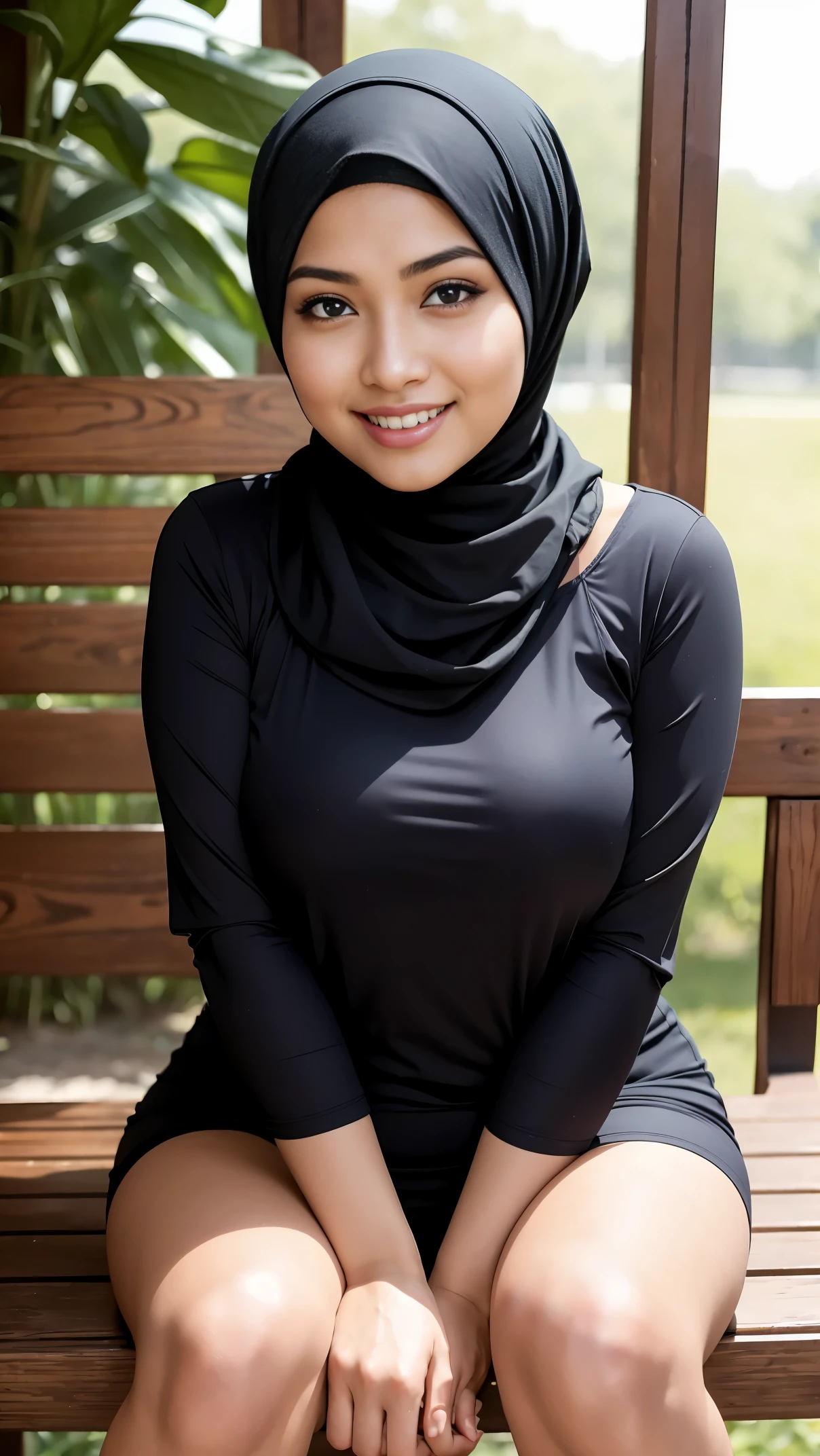 ( Close Up),RAW, Best quality, high resolution, work: 1.3, beautiful Malay woman in hijab, beautiful big eyes, smiling, beautiful face, shiny lips, soft smile, medium portrait, watery eyes, big breasts,thick thighs, woman sitting on a bench with a hat on seated on wooden chair, with a cool pose, doing an elegant pose,, sitting on a table, sitting on a chair, attractive pose,  cool pose, awesome pose, casual pose,