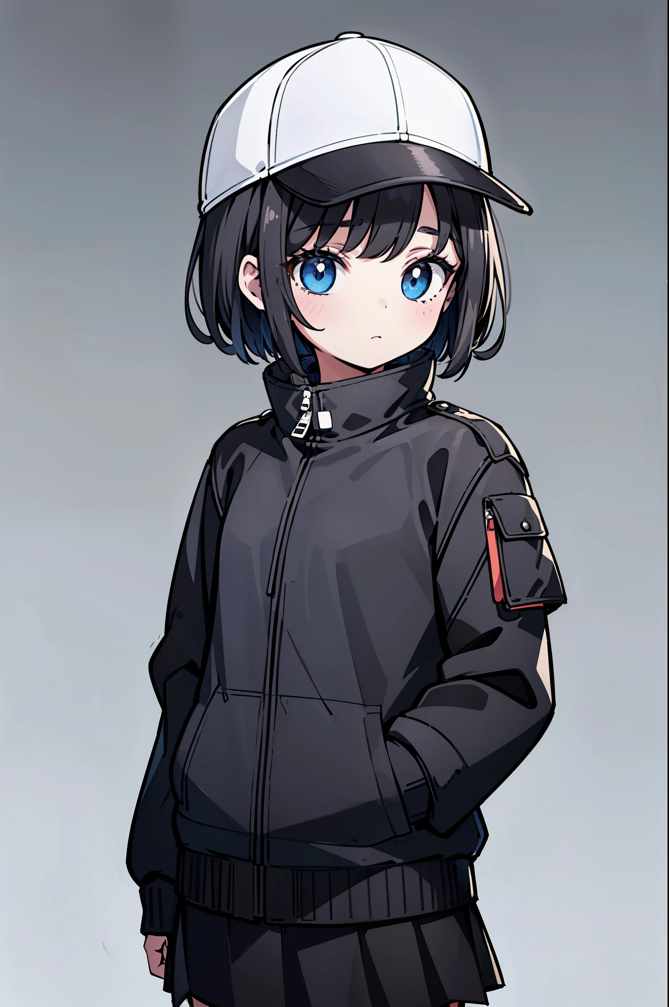 1girl, solo, blue eyes, (((detailed eyes))), flat chest, short hair, black hair, baseball cap, white cap, (waterproof jacket), large jacket, ((black jacket)), skirt, black skirt, black socks, standing, (hands in pockets), ((closed sweater)), upper body, (white background), Transparent background, looking at viewe, ((masterpiece, illustration, best quality)) 