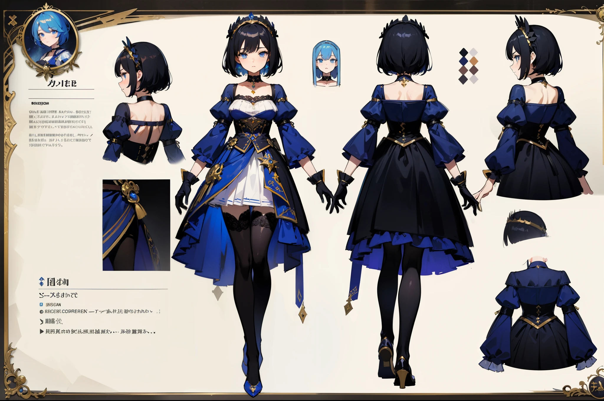 ((masterpiece, highest quality)), detailed face, character sheets, full body, full of details, Multiple poses and expressions, very detailed, Depth, many parts, 1 girl, very short black hair, blue eyes, dress fantasy, fantasy gloves and stockings, black choker, fantasy headdress,
