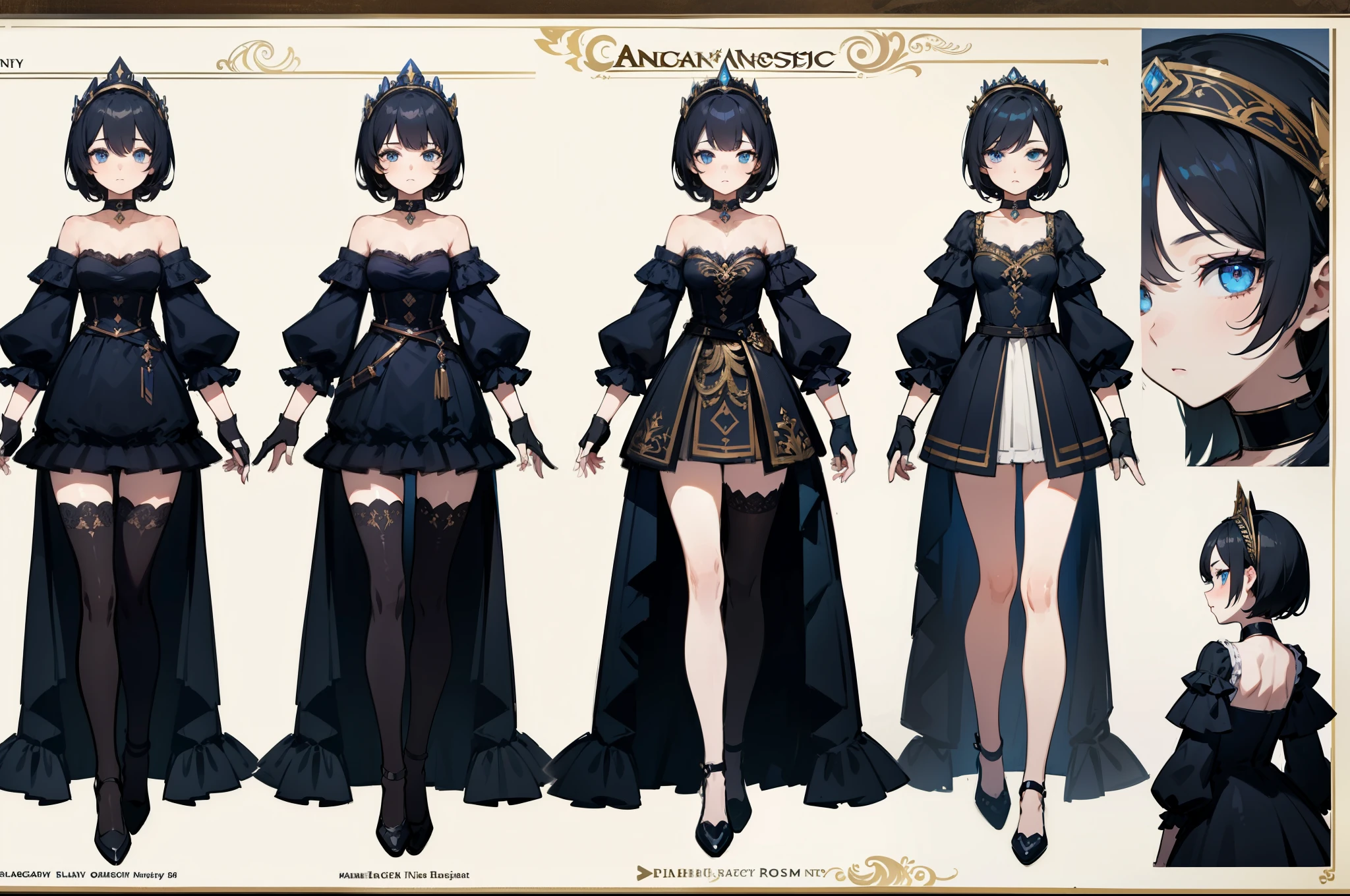 ((masterpiece, highest quality)), detailed face, character sheets, full body, full of details, Multiple poses and expressions, very detailed, Depth, many parts, 1 girl, very short black hair, blue eyes, dress fantasy, fantasy gloves and stockings, black choker, fantasy headdress,
