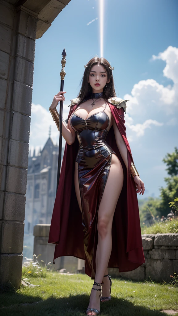 Young woman, goddess, Blue and red eyes, Beautiful makeup, bright red lips, ชุดเดรสลูกไม้สั้นwhite, ชุดSkin, Short series, Slim dress, Beautiful hair, black hair, straight hair, My hair is very long., Beautiful Breasts, big breasts, big breast, breast augmentation, proportional figure, small waist, thin body, majestic, Charming Succubus, short dress, Skin, white, tight fitting, The dress has a gold pattern., Red coat, floating cloak, Few pieces of armor, arm armor, dynamic poses, holding sacred weapons, long staff, antique walking stick, Sorcerer's Staff, Witch's Staff, CG, Realistic resolution, 8K, light emitting figure, fight, Monster, Magic, beam, (sky backdrop, cliff, meadow, Dungeon, historic site),