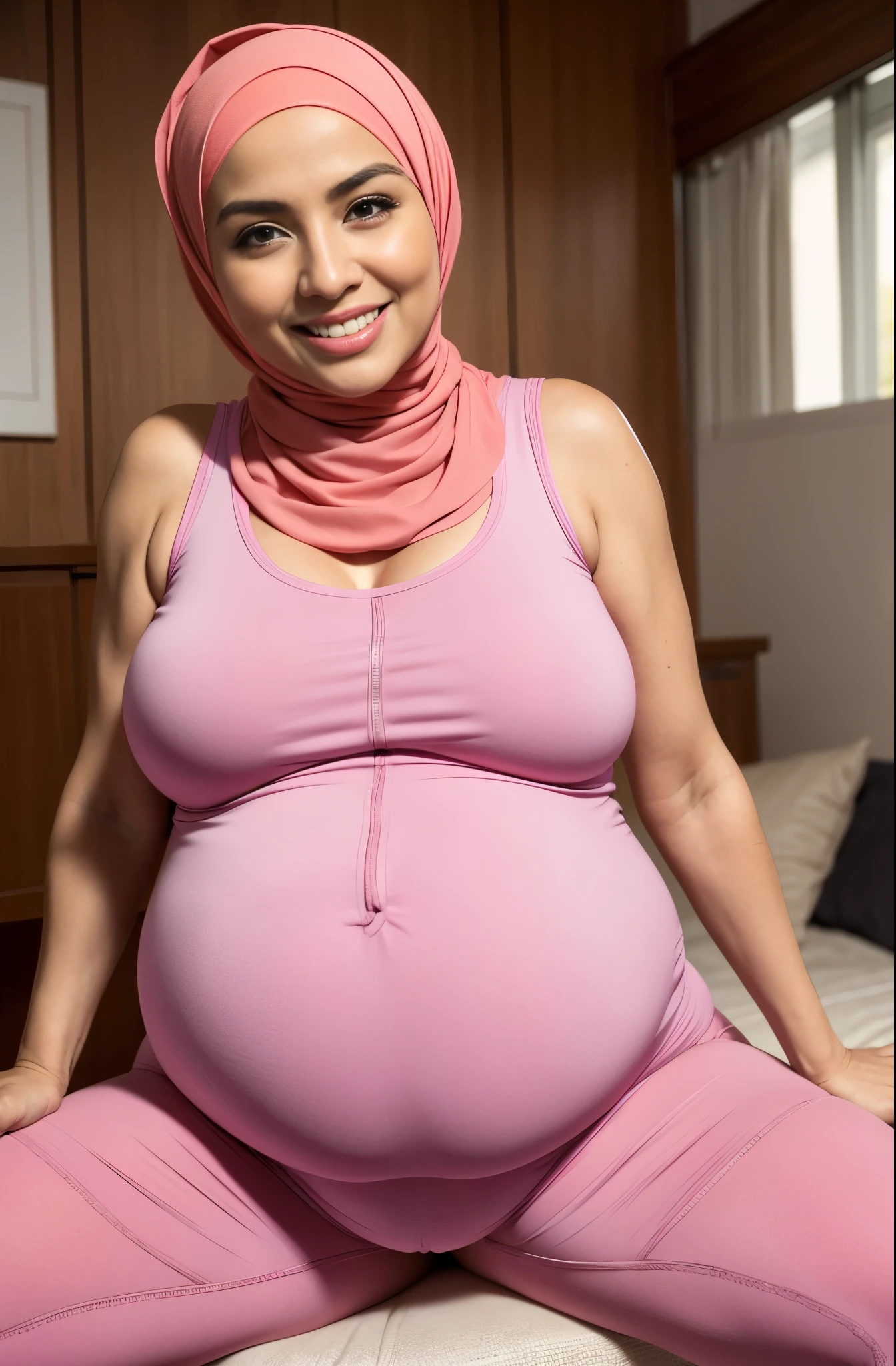 "Hijab" 69-year-old aunt has very large breasts, "wear a pink tight singlet", " Big Smile". Pregnant 