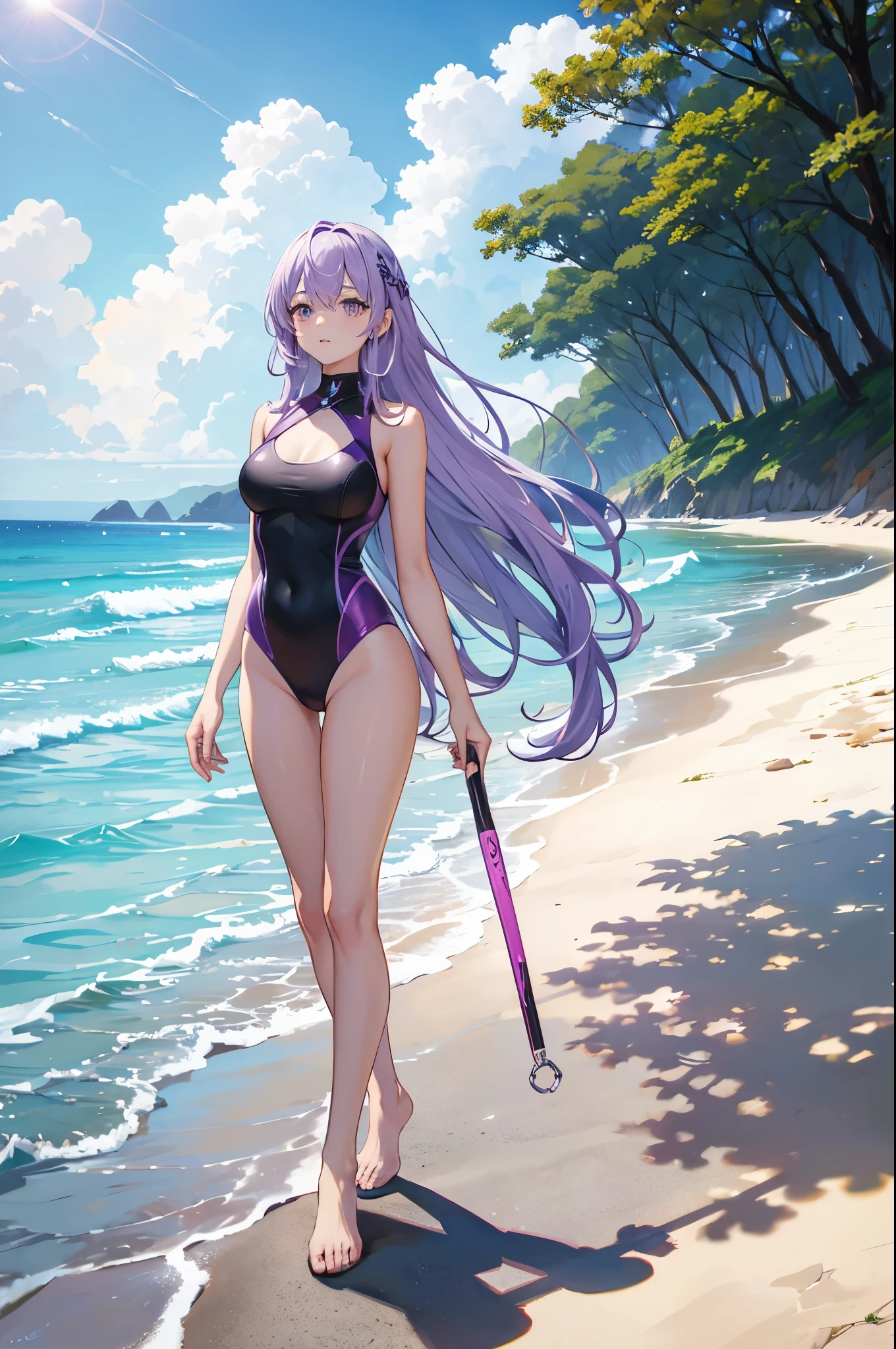1woman, light purple hair, long hair, swimsuit, beach, standing on ground, high res, ultra sharp, 8K, masterpiece