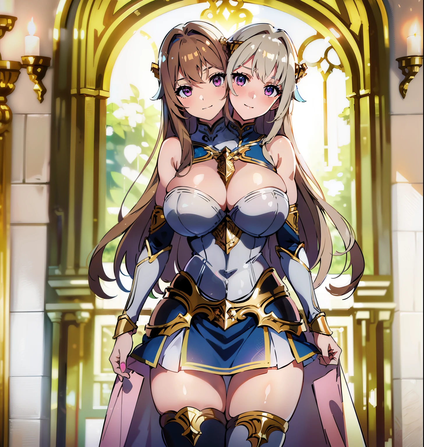 best quality, (masterpiece),(ultra-detailed), (high quality), (high resolution), (2heads:1.5) Gal, blond hair, brown hair, large breasts, thighs, silver paladin armor, female paladin, fully armored, medieval outfit, pink eyes, blue eyes, sword, armored chest piece, gorgeous female paladin, Guild Clothes with Armor, skirt, grinning