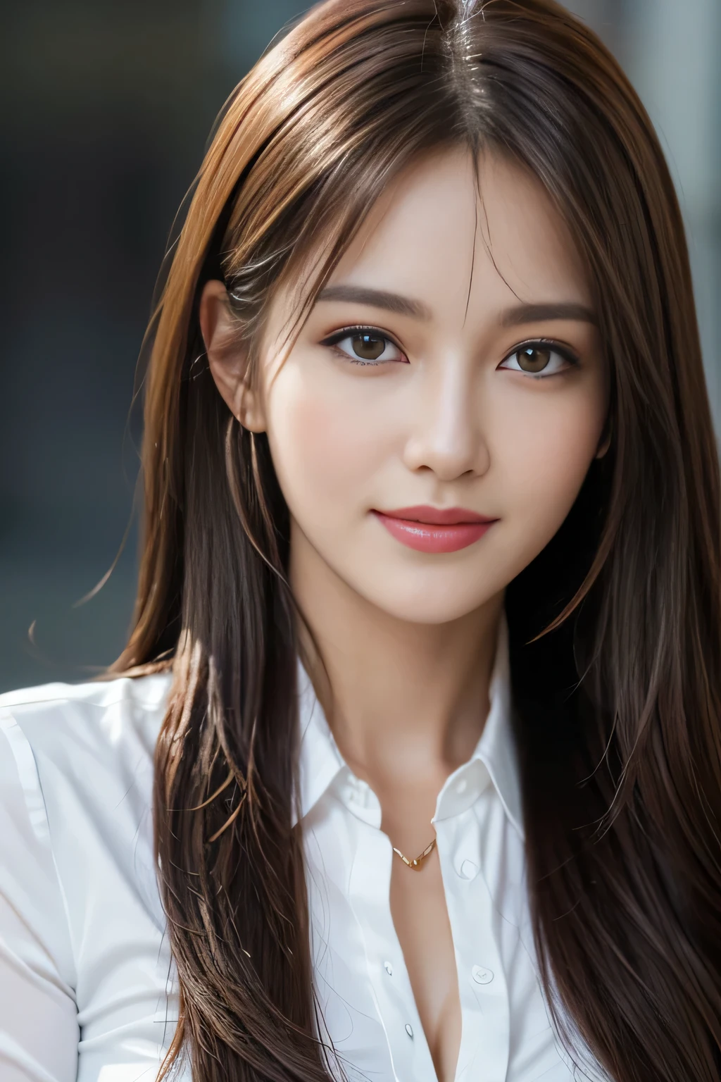 table top, highest quality, realistic, Super detailed, finely, High resolution, 8k wallpaper, 1 beautiful woman,, light brown messy hair, wearing a business suit, sharp focus, perfect dynamic composition, beautiful and detailed eyes, thin hair, Detailed realistic skin texture, smile, close-up portrait, model body shape