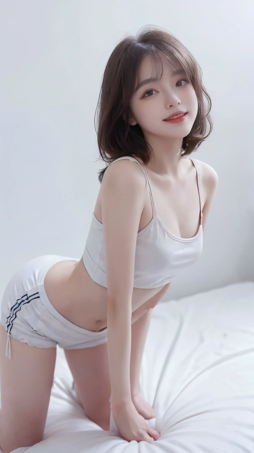 best image quality、RAW photo、ultra high resolution、21 years old Korean、small breasts、dynamic angle、cowboy shot、The most beautiful forms of chaos、elegant、innovative design、bright colors、beautiful white hair、short bob、smile、glossy white skin、beautiful eyes with random colors、Very beautiful eyes down to the details、thin lips、detailed beautiful eyes、elongated eyes、pale pink cheeks、long eyelashes、beautiful double eyelids、eye shadow、city、crop top、baggy pants、shot from the side、get down on all fours、sexy pose、zoom up