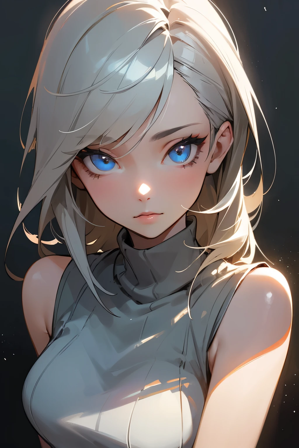 masterpiece, highest quality, ultra detailed, high resolution, (ink painting style), good anatomy, 1 beautiful woman, beautiful and perfect eyes, perfect face, perfect lighting, grey sleeveless sweater, look at the viewer, (wide angle:0.8), outdoor background, light particles, best light, best shadow, mysterious, perfect face, highly detailed,