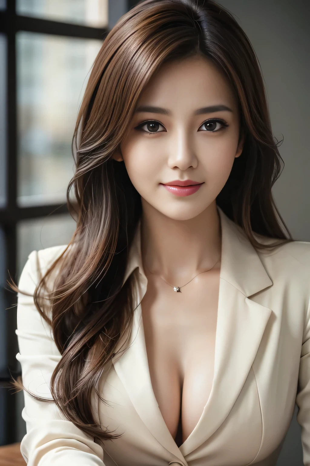 table top, highest quality, realistic, Super detailed, finely, High resolution, 8k wallpaper, 1 beautiful woman,, light brown messy hair, wearing a business suit, sharp focus, perfect dynamic composition, beautiful and detailed eyes, thin hair, Detailed realistic skin texture, smile, close-up portrait, model body shape