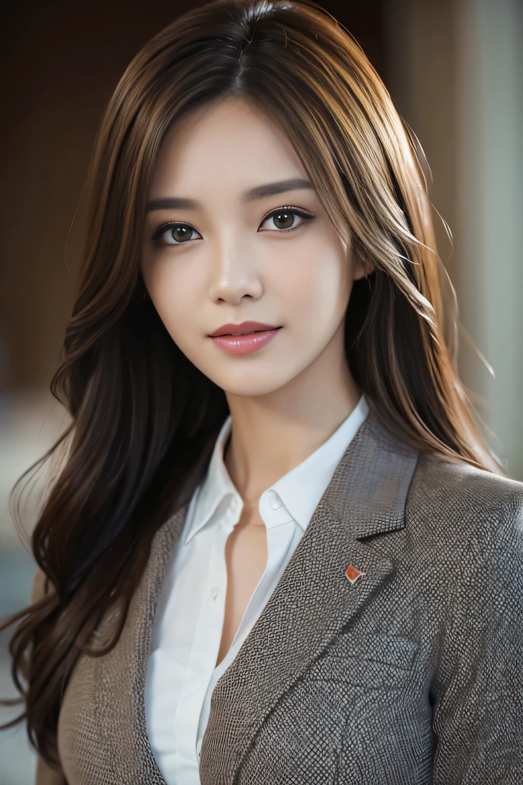 table top, highest quality, realistic, Super detailed, finely, High resolution, 8k wallpaper, 1 beautiful woman,, light brown messy hair, wearing a business suit, sharp focus, perfect dynamic composition, beautiful and detailed eyes, thin hair, Detailed realistic skin texture, smile, close-up portrait, model body shape
