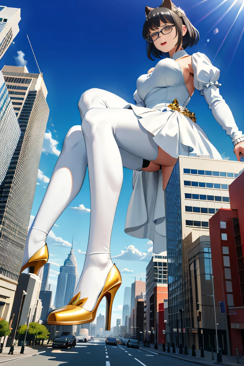 Giantの芸術, 非常に詳細なGiantショット, Giant, short hair, black pantyhose, A giant princess much bigger than a skyscraper, wearing rimless glasses, big breasts, big ass, White luxury dress, white pantyhose, white high heels, very small metropolis, miniature metropolis, full body description, ＧＴＳ, ギガGiant, Stomping City, crash city, Small town, micro city, crystalline dress, 