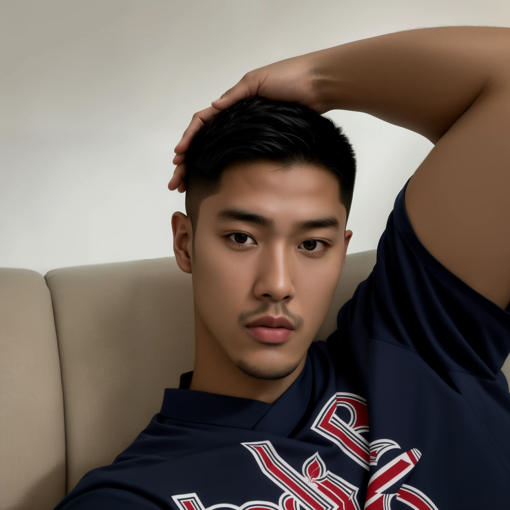 Man sitting on a sofa with his arm over his head, asian man, 18 anos de idade, rosto Jihyeong, inspirado em Jinhyeong, short hair on top of the head, taken at the beginning of 2020, profile picture with headshot, homem magro com pele bronzeada clara, 21 anos de idade
