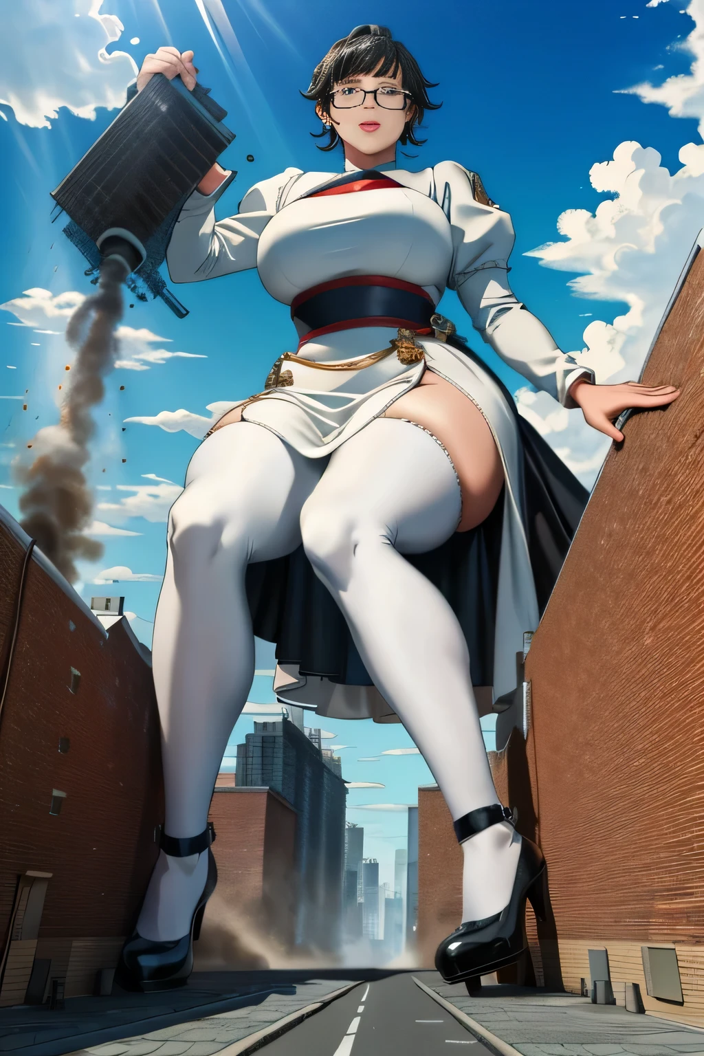 Giantの芸術, 非常に詳細なGiantショット, Giant, short hair, black pantyhose, A giant princess much bigger than a skyscraper, wearing rimless glasses, big breasts, big ass, White luxury dress, white pantyhose, white high heels, very small metropolis, miniature metropolis, full body description, ＧＴＳ, ギガGiant, Stomping City, crash city, Small town, micro city, crystalline dress, 