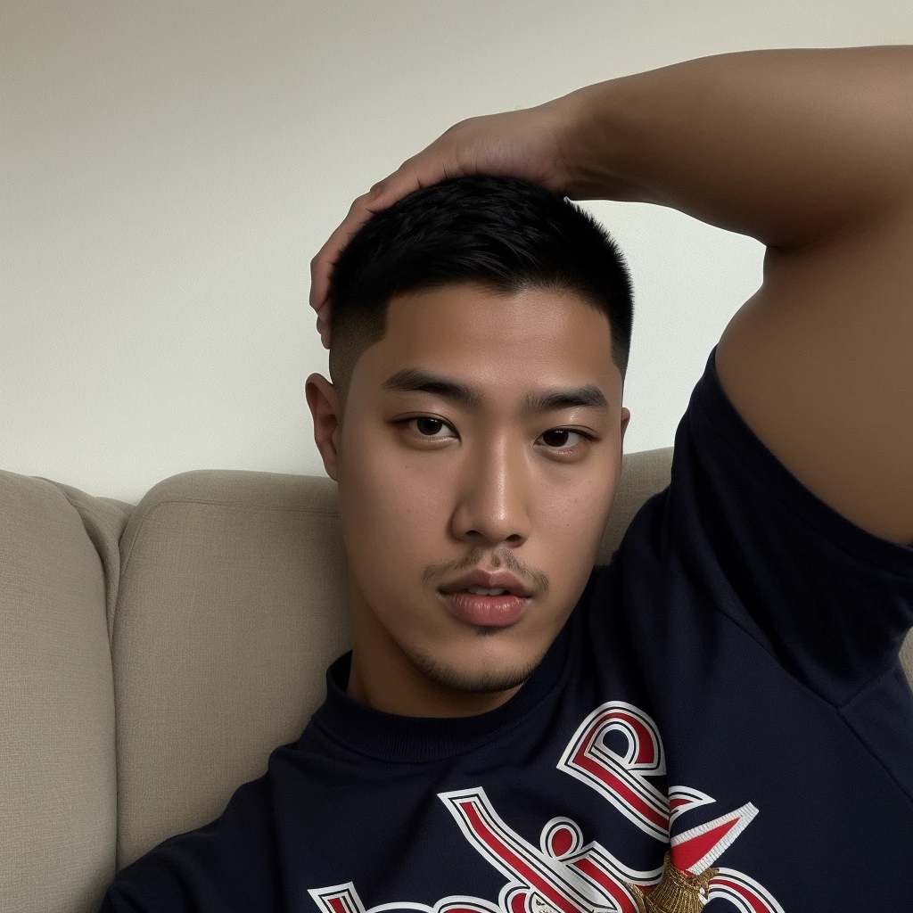 Man sitting on a sofa with his arm over his head, asian man, 18 anos de idade, rosto Jihyeong, inspirado em Jinhyeong, short hair on top of the head, taken at the beginning of 2020, profile picture with headshot, homem magro com pele clara, 21 anos de idade