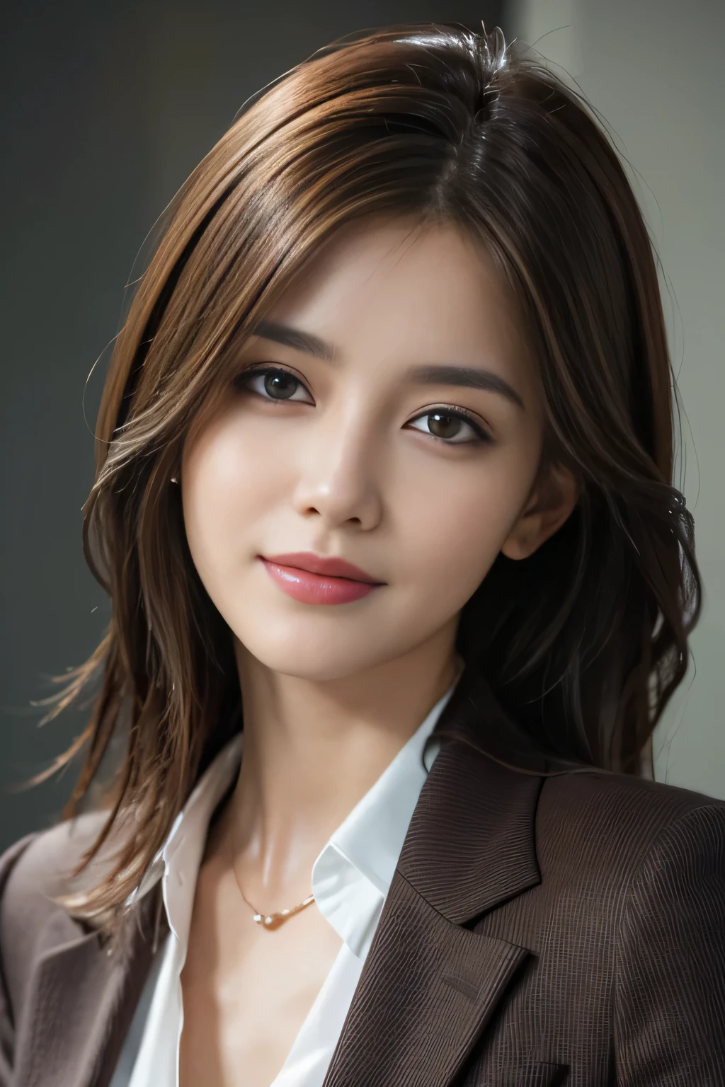 table top, highest quality, realistic, Super detailed, finely, High resolution, 8k wallpaper, 1 beautiful woman,, light brown messy hair, wearing a business suit, sharp focus, perfect dynamic composition, beautiful and detailed eyes, thin hair, Detailed realistic skin texture, smile, close-up portrait, model body shape