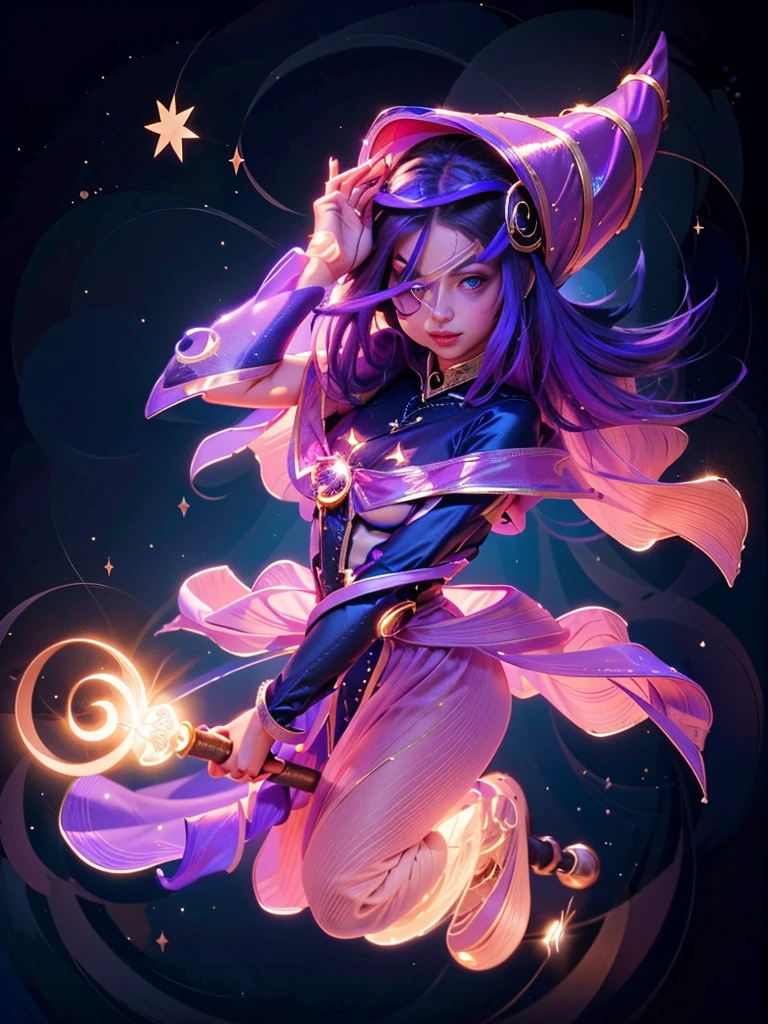(8k, Foto RAW, melhor qualidade, senhor:1.2), (Realistic, photo-Realistic:1.37) Imagine a young magical sorceress, a Dark Magician Girl de Yu-Gi-Oh!, about to cast a powerful spell. Um vestido curto em tons de azul escuro com detalhes dourados, magical stars adorning your outfit. A flowing cape with star-shaped embellishments. Ela usa meias que combinam com seu traje. Visualize seu cabelo longo e fluido. The color is a vibrant purple, talvez com nuances de rosa ou azul. Look for ribbons or magical decorations in your hair.. Imagine a pointy hat she wears, Decorated with magical symbols. Talvez uma estrela brilhante no topo, adicionando um toque de magia. See her holding a magic wand in her hand. The stick emits a mystical aura, indicando seu poder como feiticeira.