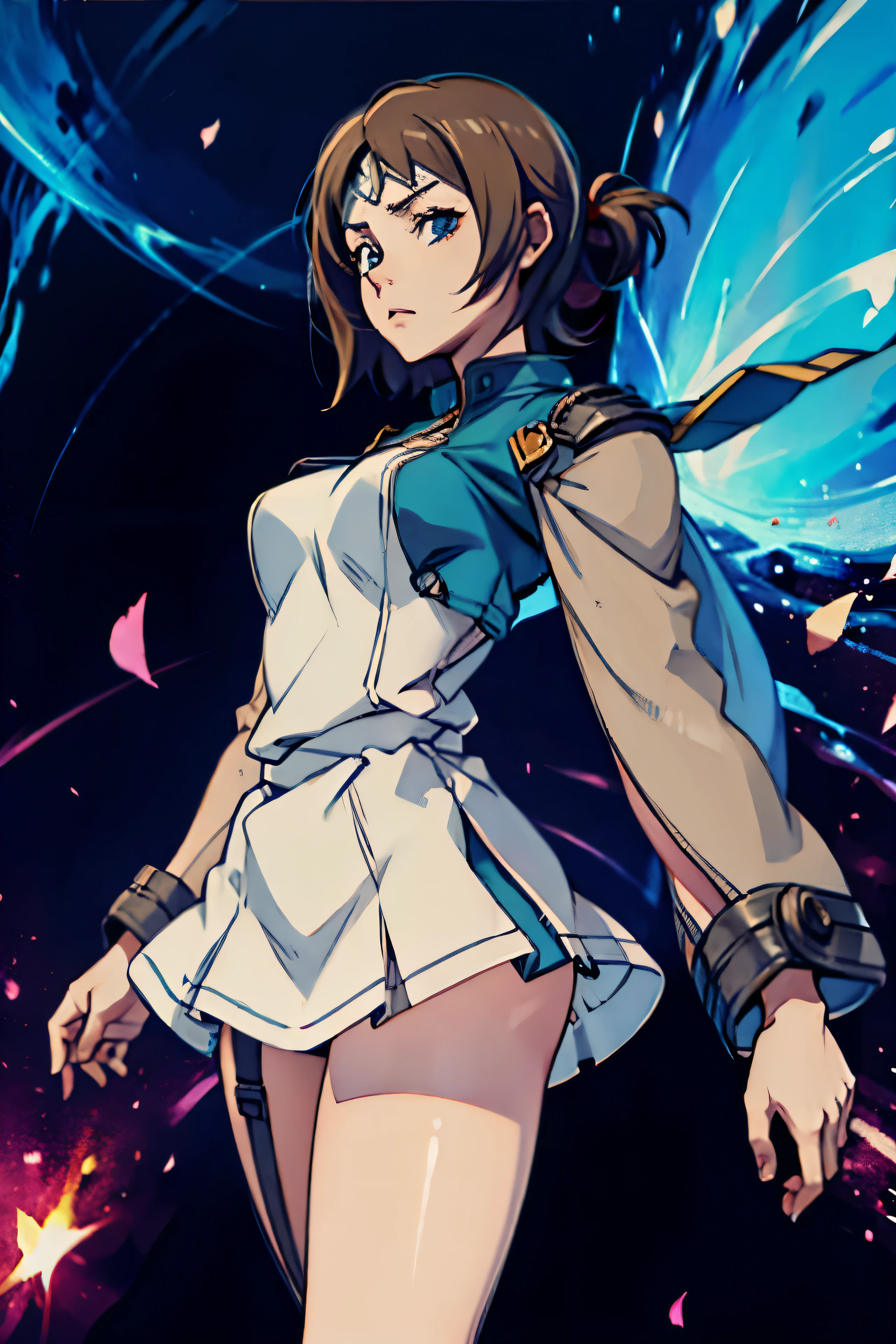 Detailed face, headband, white shirt, bow, blue vest, pleated skirt, fingerless gloves, socks, full body, twirling, long legs, nice thighs, high skirt