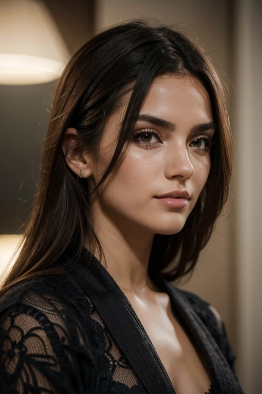 ((melhor qualidade)), ((obra de arte)), ((ultra realista)),(Dynamic sexy pose), obra de arte sexy 21 years old brunette, ((cabelo amarrado)), rosto detalhado impressionante, sorridente, olhos detalhados, fundo detalhado, detalhes intrincados, edge lighting, profissional, obra de arte, realista, rugosidade, ultra realista, obra de arte, realista, rugosidade, ultra realista, Fotografado em uma Canon EOS 21 , Lente de 50 mm , HDR, 8k resolution, high resolution, alto detalhe, sharp focus, suave, rugosidade, Vida real, fotorrealismo, fotografia, 8K Ultra HD, Corpo de ampulheta, ajustar, perfect jawline, Rosto bonito, decote, corpo esguio, Rubor, ((Black lace knitted bathrobe)), inclinando-se para a frente no banheiro, ((Closeup POV))