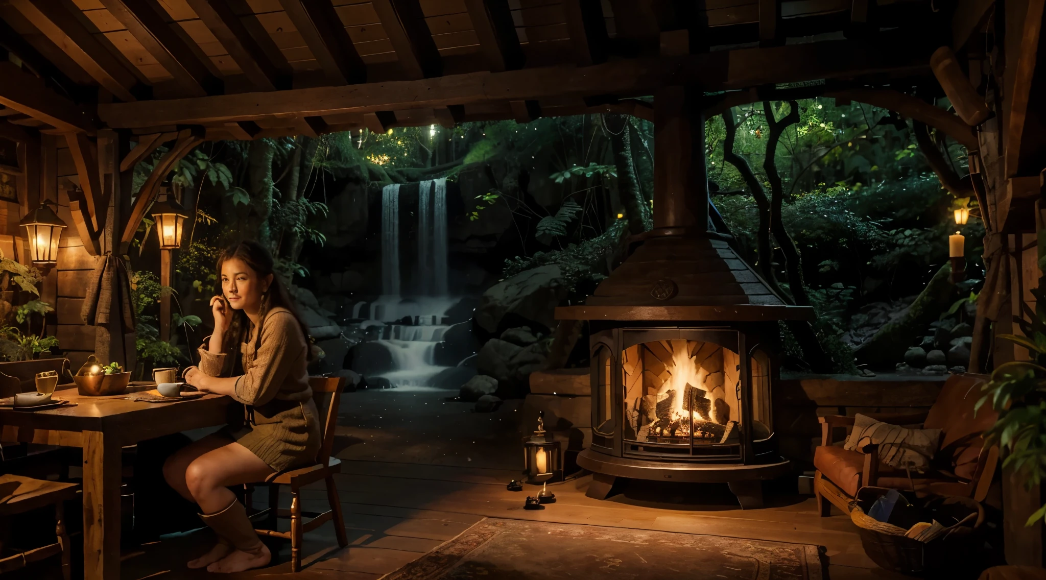 theres a cozy hobbit wooden hobbit, with fireplace and a cozy table with coffee inside. In the background, a tropical forest with a little waterfall