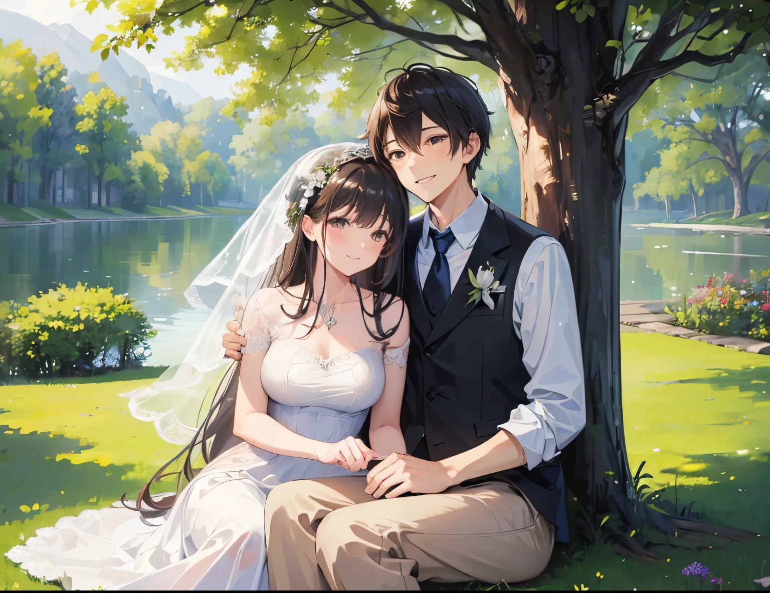 ((Best quality, A high resolution, Masterpiece:1.2)), (Romantic), (newlyweds:1),(Happy smile),(Clear facial features), (sit under the tree), Romantic couple photo, landscape