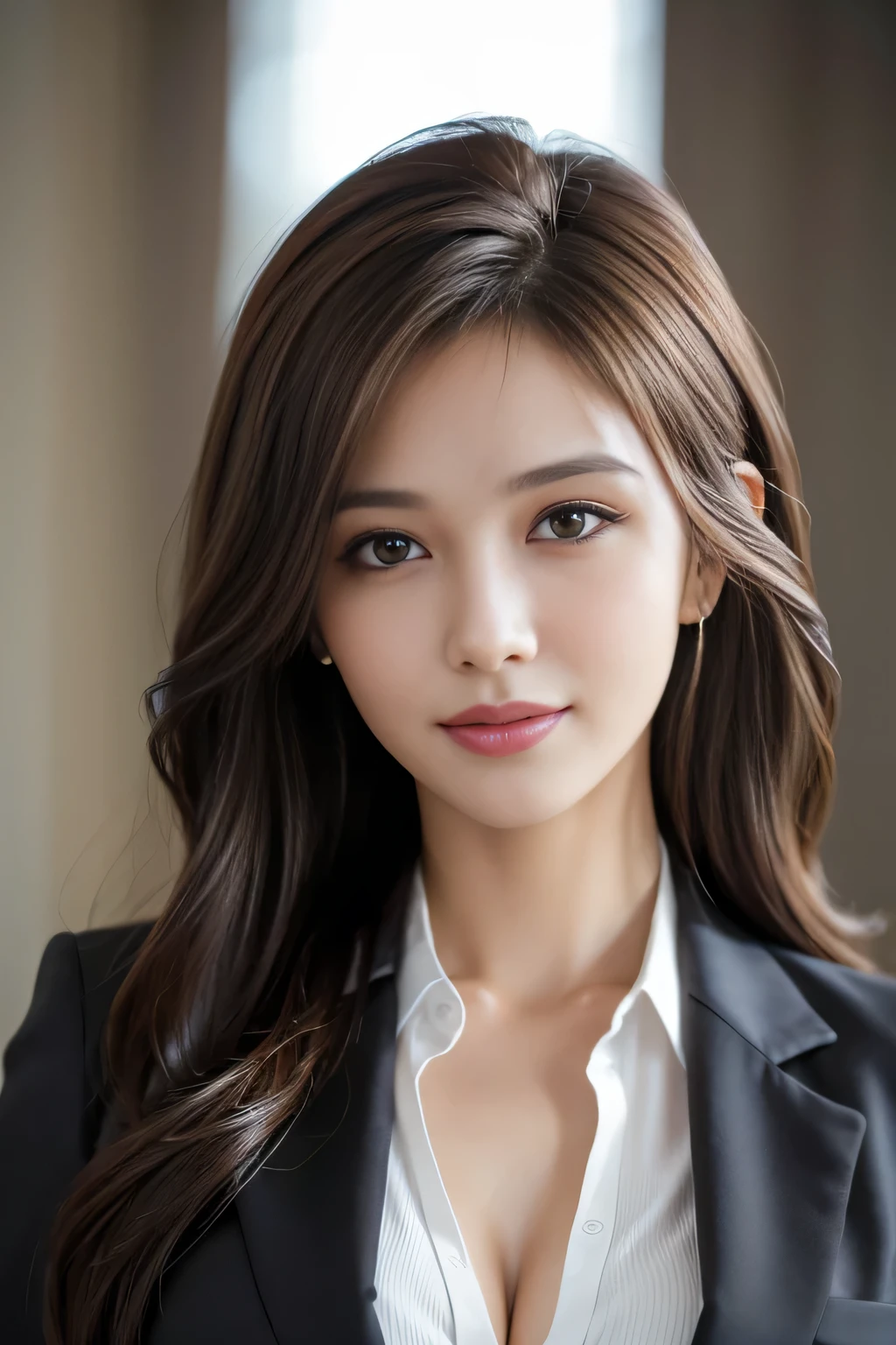 table top, highest quality, realistic, Super detailed, finely, High resolution, 8k wallpaper, 1 beautiful woman,, light brown messy hair, wearing a business suit, sharp focus, perfect dynamic composition, beautiful and detailed eyes, thin hair, Detailed realistic skin texture, smile, close-up portrait, model body shape