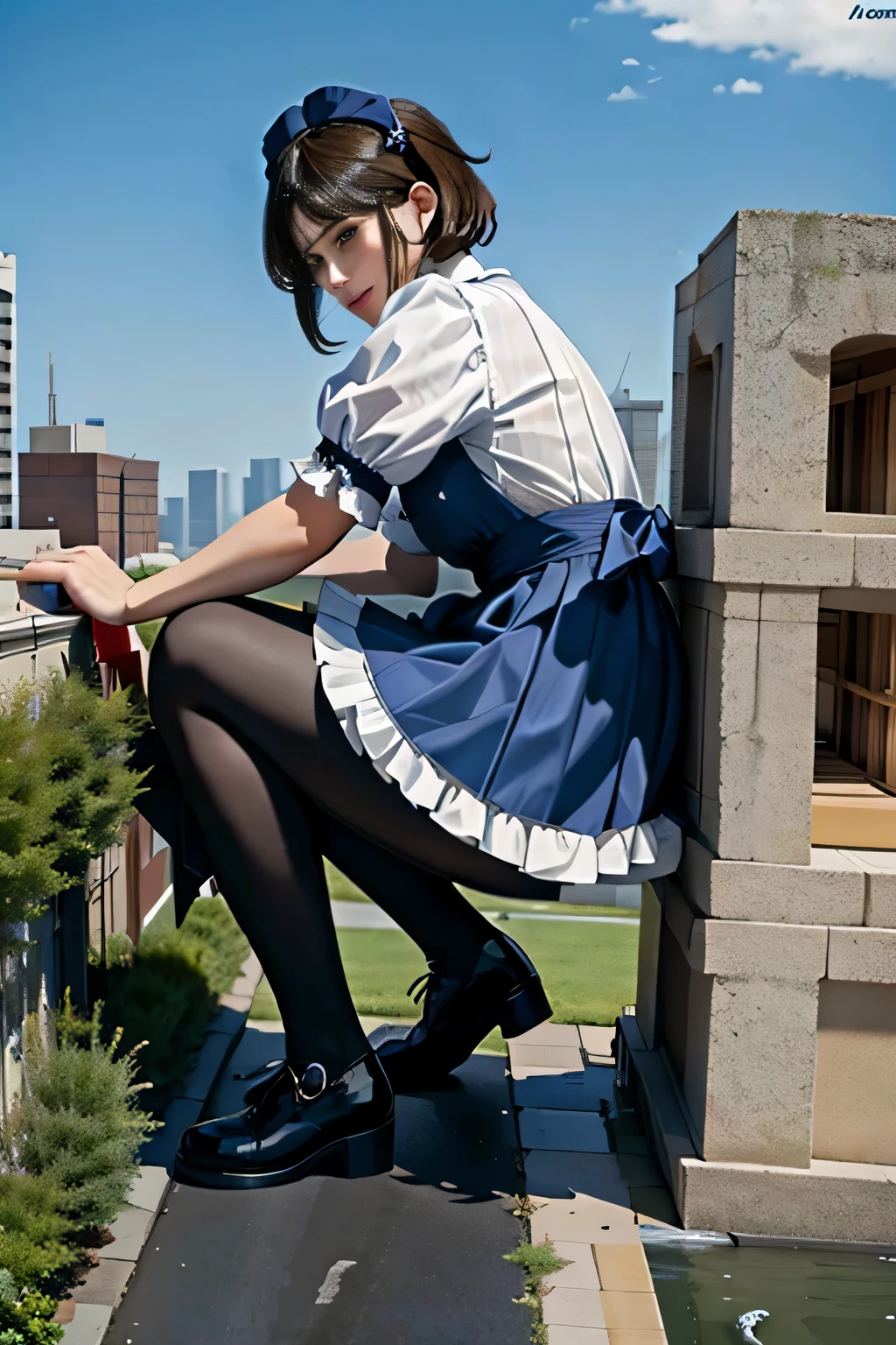 Giantの芸術, 非常に詳細なGiantショット, Giant, short hair, black pantyhose, A maid that is much bigger than a skyscraper, wearing rimless glasses, big breasts, big ass, navy maid uniform, black pantyhose, black shoes, very small metropolis, miniature metropolis, full body description, ＧＴＳ, ギガGiant, Stomping City, crash city, Small town, micro city, maid, 