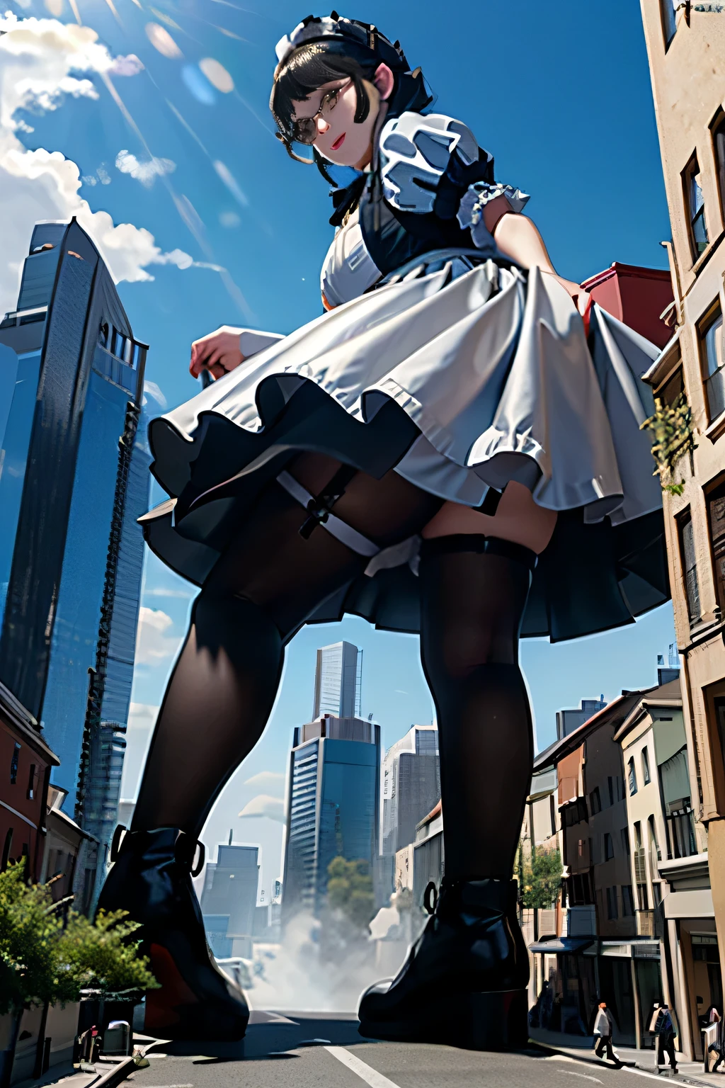 Giantの芸術, 非常に詳細なGiantショット, Giant, short hair, black pantyhose, A maid that is much bigger than a skyscraper, wearing rimless glasses, big breasts, big ass, navy maid uniform, black pantyhose, black shoes, very small metropolis, miniature metropolis, full body description, GTS, ギガGiant, Stomping City, crash city, Small town, micro city, maid,